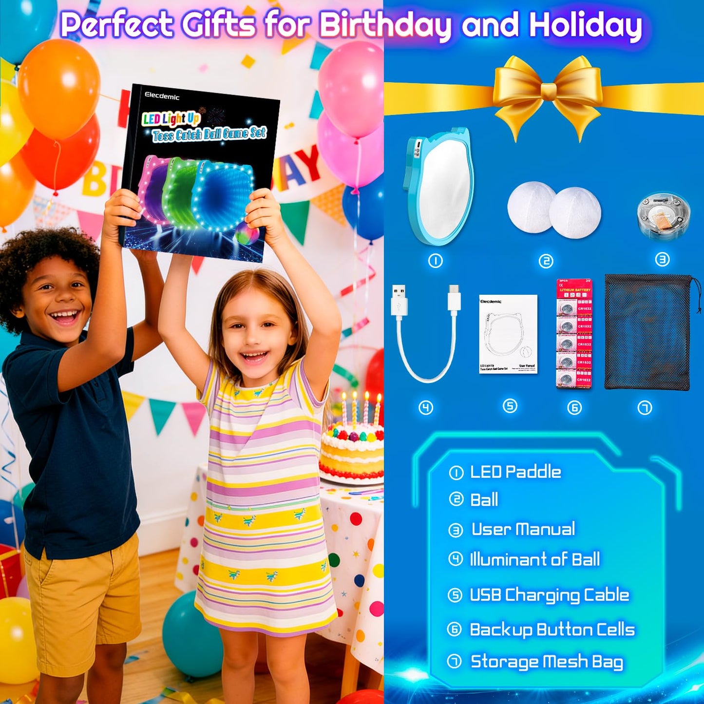Elecdemic 3D LED Light Up Toss Catch Ball Game Set Outdoor Toys Baseball Tennis Gifts Camping Party Glow in the Dark Throw Paddle Age 3 4 5 6 7 8 9 10 11 12 Year Old Boy Girl Kid Adult Family Birthday