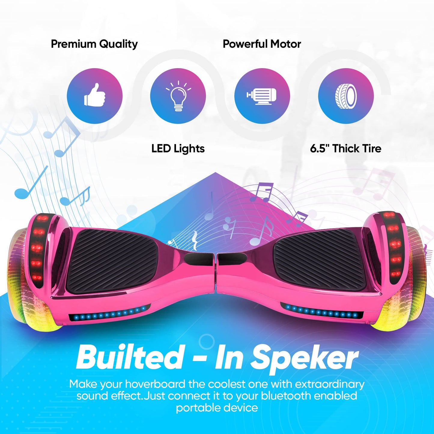 EMAXUSA, 6.5” Hover Board for Kids Ages 6-12, Bluetooth Hover Board with Tunnel Light Style Wheels & Non-slip Footpads, UL2272 Safety Certified (Pink)