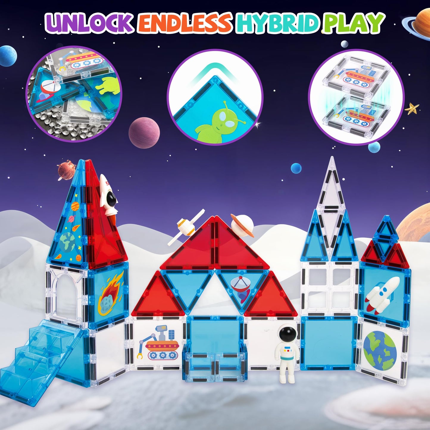 cossy Magnetic Tiles Space Set, Magnet Tiles with Astronaut, Magnetic Tiles for Kids Ages 4-8, STEM Toys, Toys for 3 4 5 6 7 8 Year Old Boy and Girl, Creative Building Toys, Space