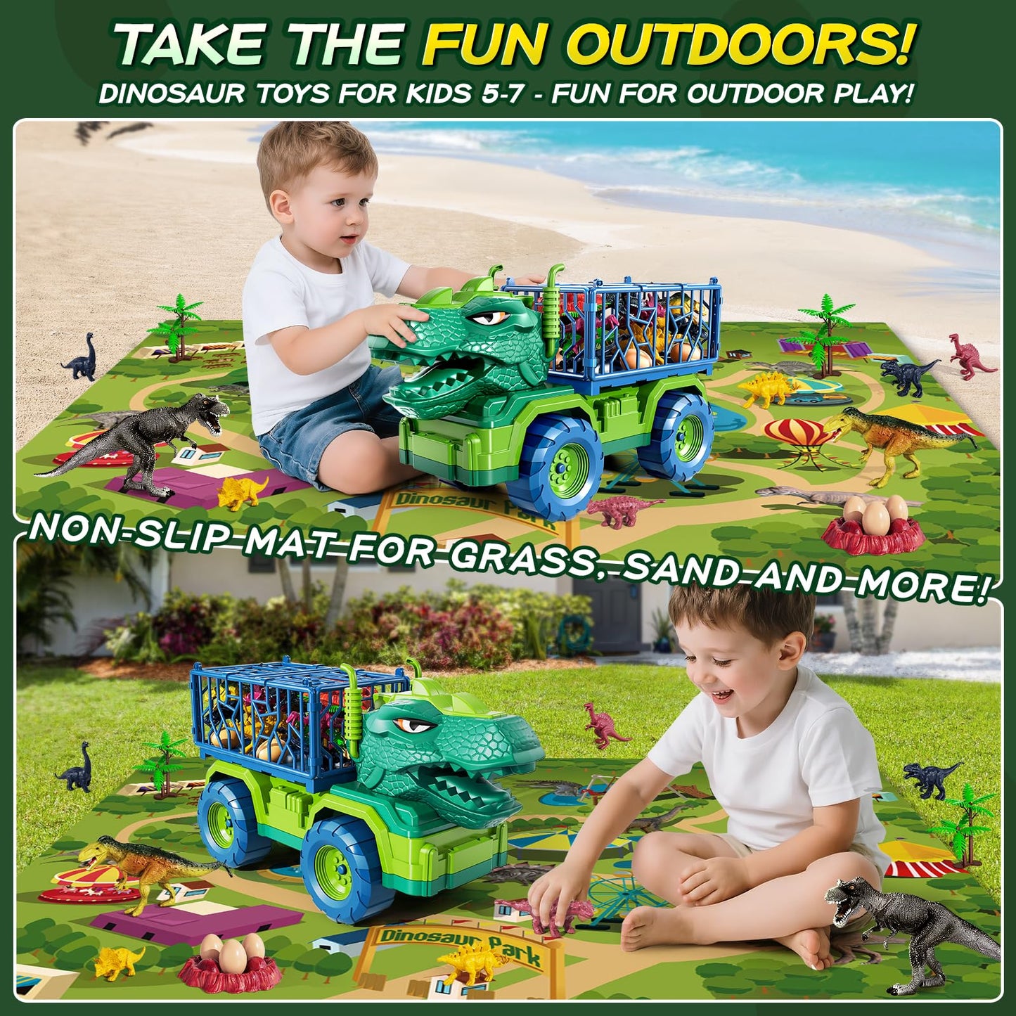 DULONIME Dinosaur Cars Truck Toys for Kids 3-5 with 8 Dinosaur Figures, Activity Play Mat, Jurassic Play Set for Boys and Girls Ages 5-7