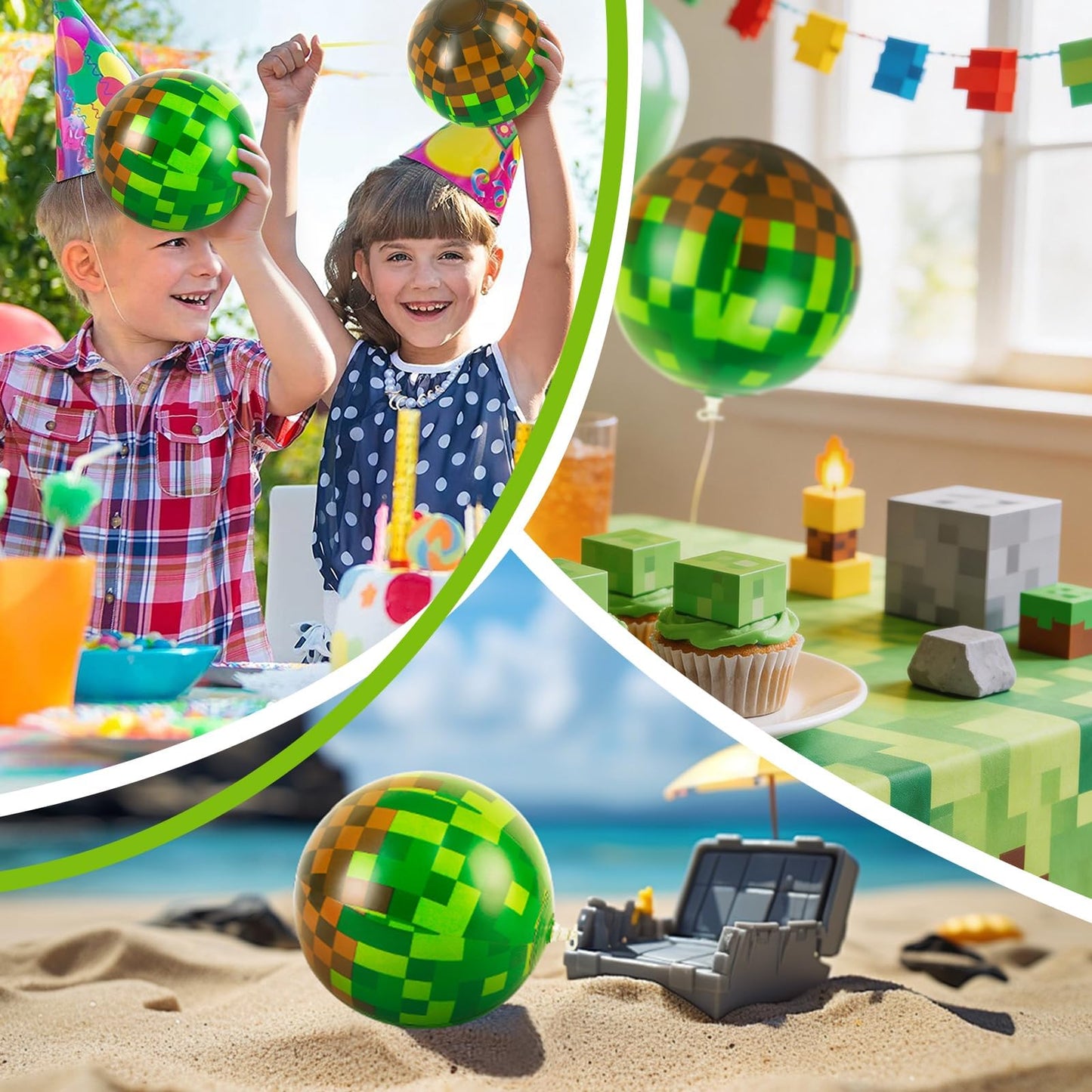 ZSMKJIAYE 12 Pack Pixel Themed Beach Balls - 6 Inches Green and Brown Inflatable Floating Balls for Birthday Party Decorations, Summer Pool and Beach Game, and Bulk Birthday Party Favors