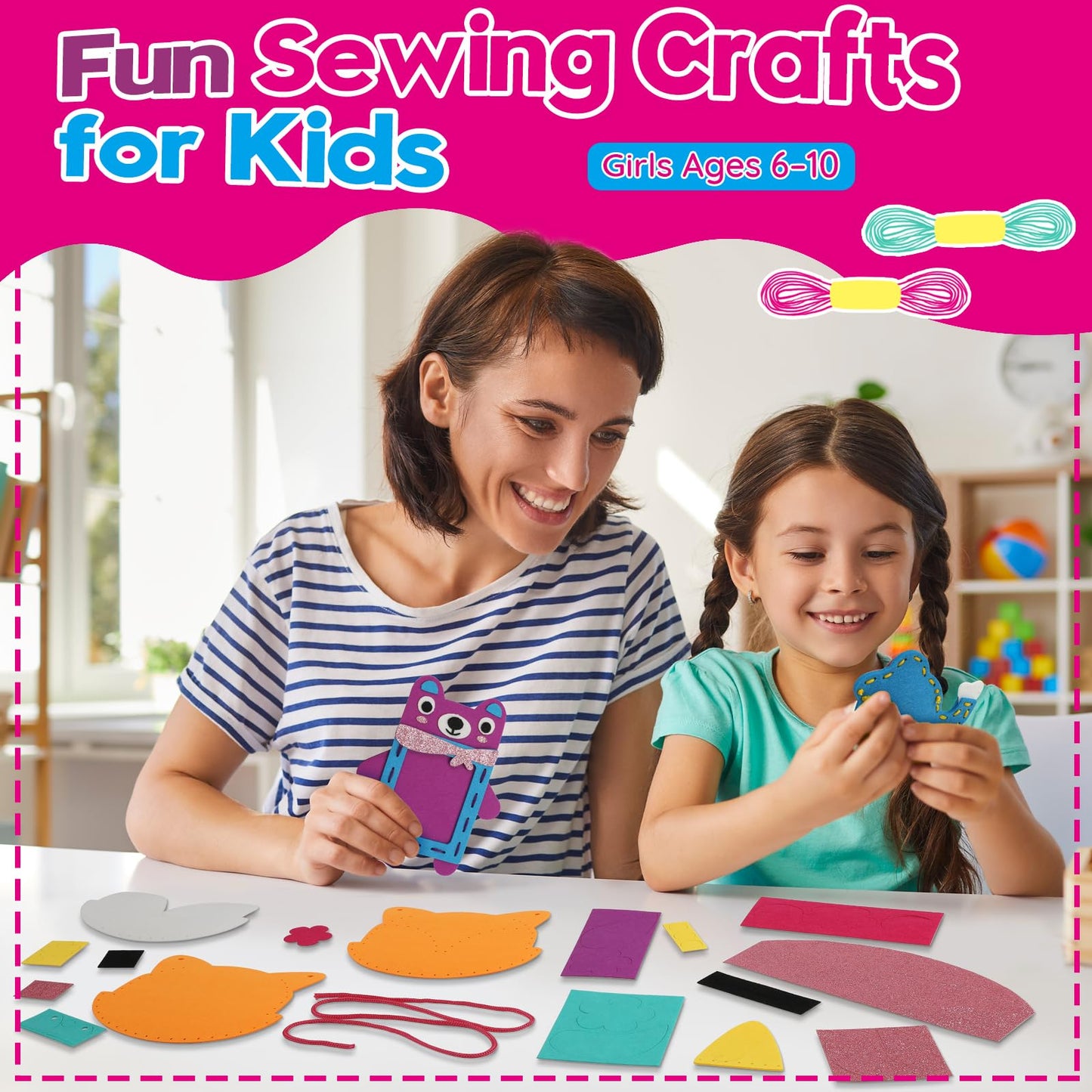 Sewing Craft Kit for Girls: DIY Felt Sewing Kit for Kids Ages 5-10, 7 Fun Projects with Stuffed Animals & Pillows, Learn to Sew Kit for Beginners, Ideal for Christmas & Birthday, Arts & Crafts Ideas