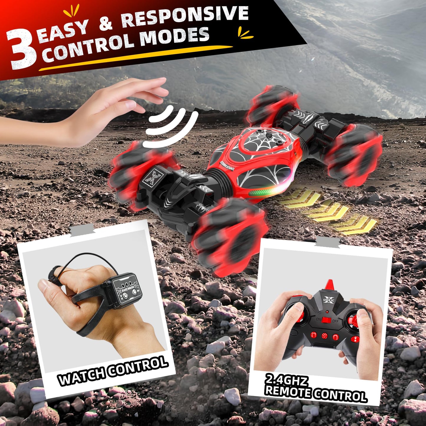 XUERENTECH Spider RC Cars Toys with Body Tires Lights, 2.4GHz Gesture Hand Control Car One-Button Deformation, Fast 360°Rotation Toys Birthday Gifts for 7 8 9 10 Year Old Boys Age 6-12