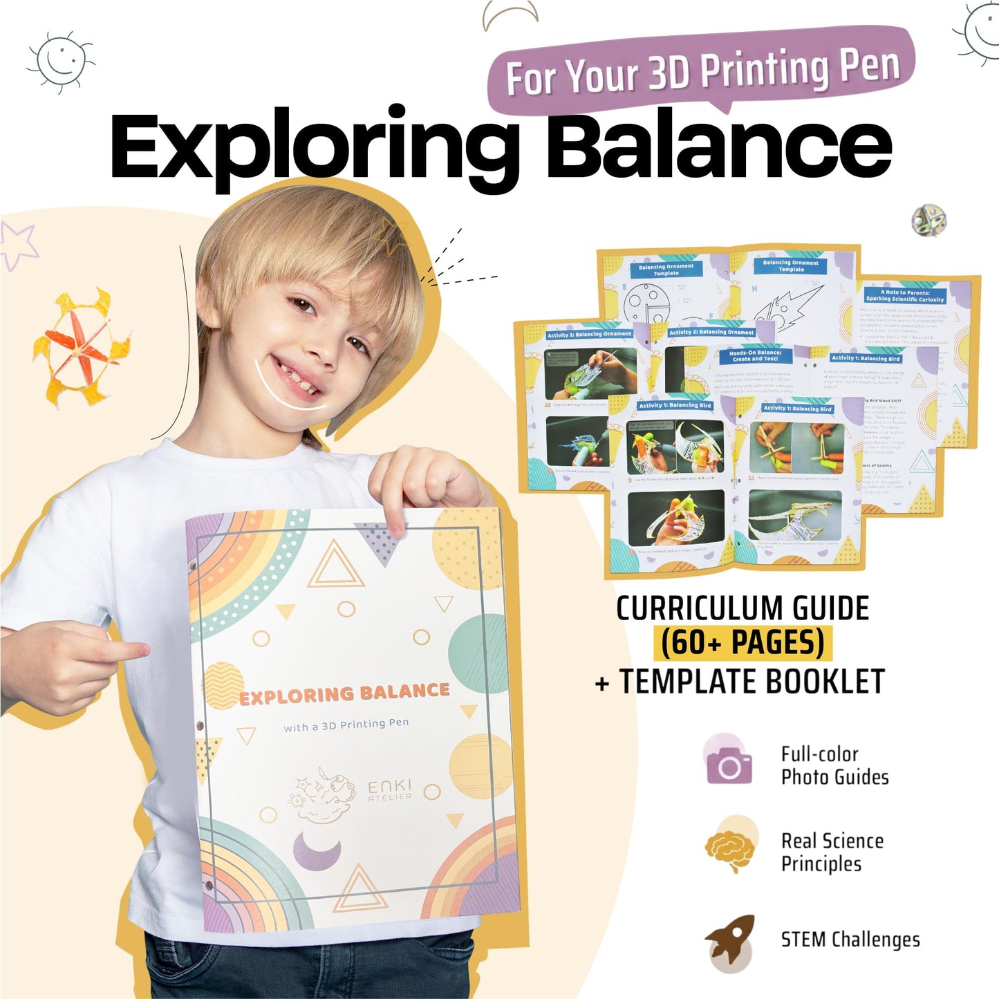 Enki Atelier Balancing Bird & 4-in-1 Space Mobile STEM Projects for 3D Pen Users | Balancing Science Kit | Ph.D. Designed Physics & Gravity Curriculum for Kids 8-12 | 2-Book Set, Printed in USA