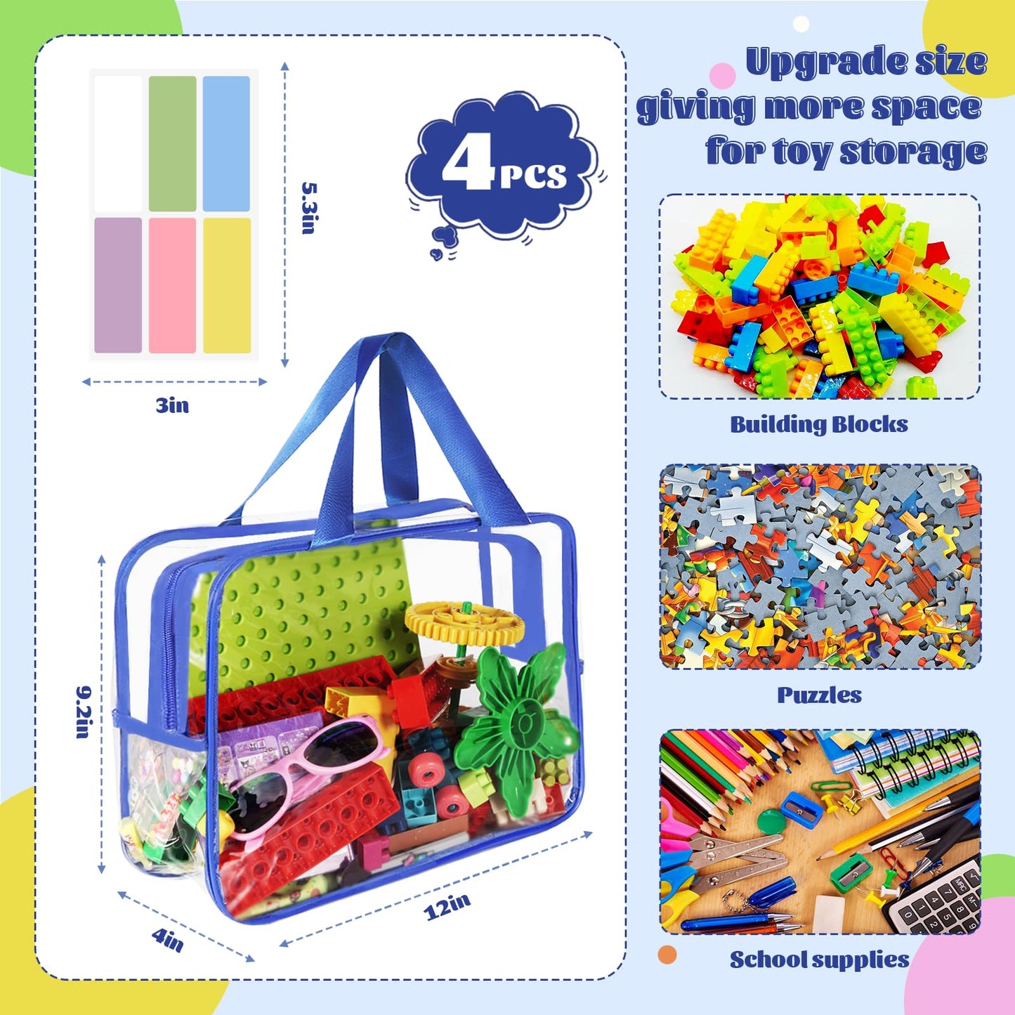 Jiejieko 4 Pcs Toy Storage Bags, Clear PVC Toy Organizer with Zipper, Waterproof Travel Bags with Labels for Building Blocks, Puzzle, Kids Books (multicolor2)