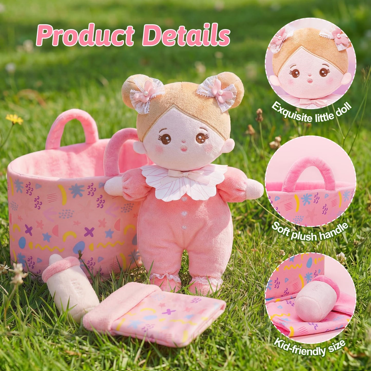 OUOZZZ 10" Soft Baby Doll Accessories with Plush Doll, Bassinet, Blanket and Bottle, Toys for 2 Year Olds Girls Birthday Gift, Interactive Pretend Playset for Preschool Gametime Pink