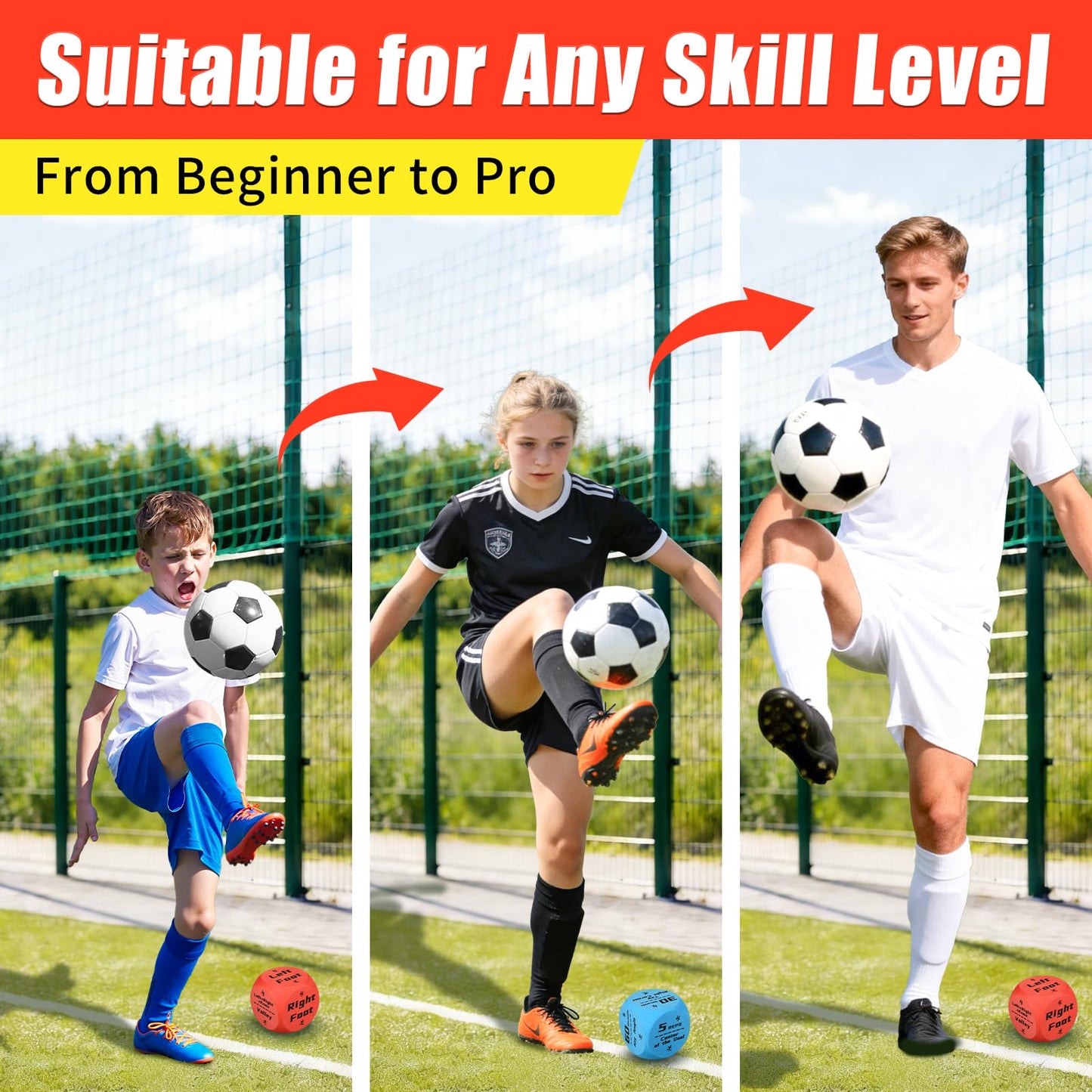 Big Size Soccer Training Dice Set, 2Pcs Soccer Gifts Shooting & Juggling Soccer with Mesh Bag Training Equipment for Games, Boost Soccer Skills with Fun Practice for 8-12 Boys & Girls
