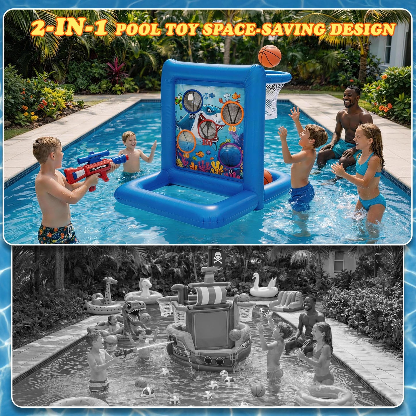 Pool Toys Games for Kids&Adults, 2-in-1 Pool Basketball Hoop with Shooting Target Game & with 2 Blasters, 40 Foam Balls, 4 Basketballs, Summer Outdoor Water Toys, Pool Party Lawn Backyard Games-Blue
