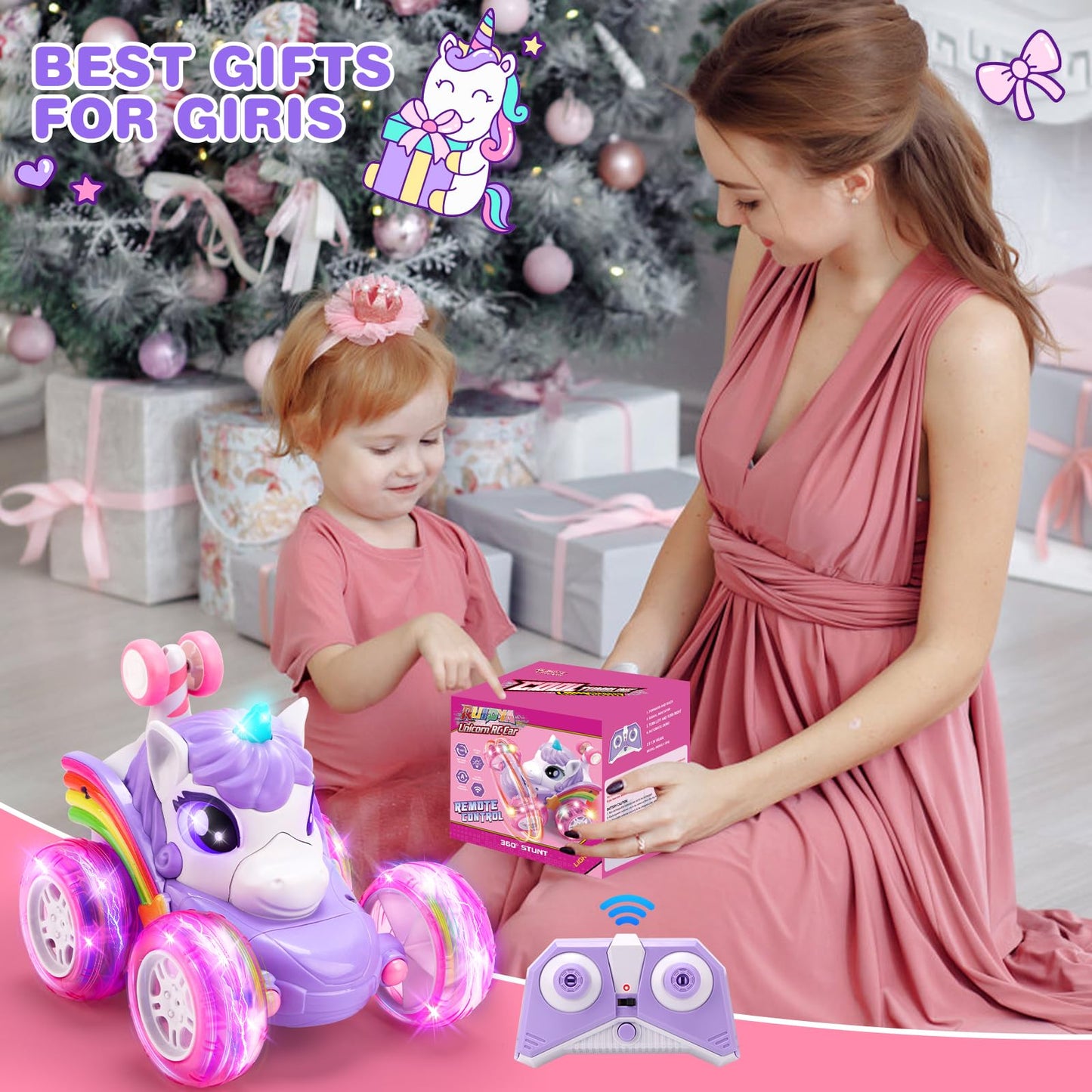 RUIDYA Unicorn Remote Control Car for Girls, 360°Rotating 4WD Stunt RC Cars for Boys with Lights, 2.4GHz Rechargeable Car Toys Gift for Toddler Kid Age 3 4 5 6+