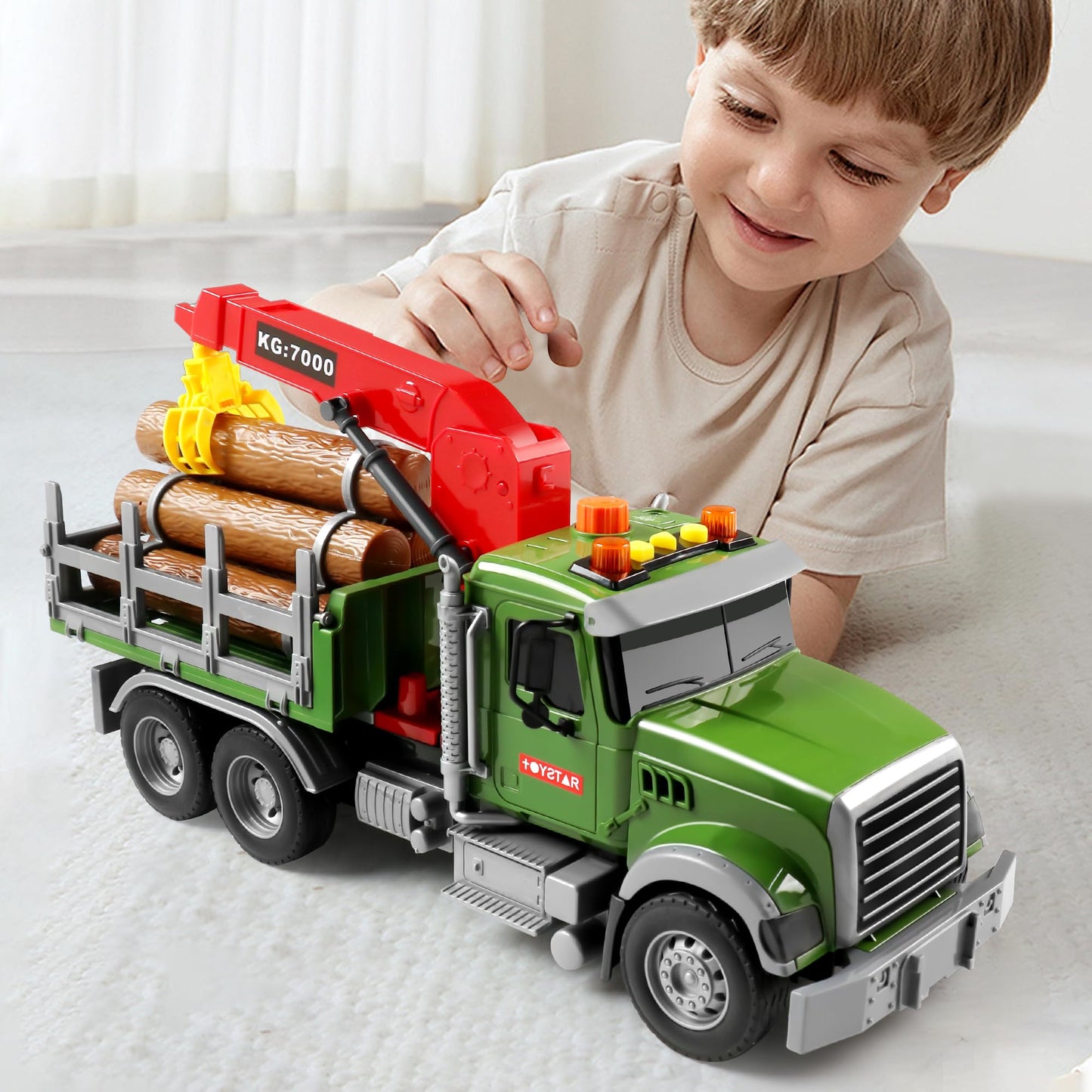 Dwi Dowellin Kids Toys for 3 4 5 6 7 Years Old Boys,15" Large Timber Truck with Loading Crane and 6 Trunks,Birthday Gifts for Boy Toddler Child