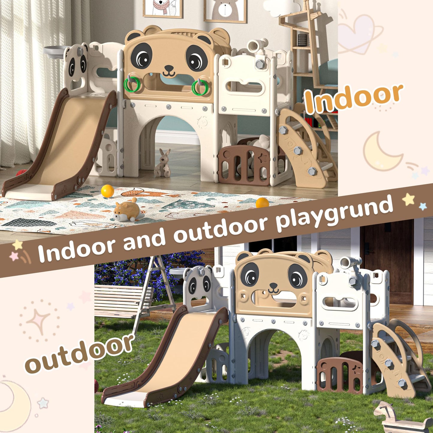 NYEEKOY 9 in 1 Toddler Slide and Climber Playset Indoor Outdoor Kids Slide with Basketball Hoop,Telescope and Storage Space, Freestanding Backyard Playground for Children Age 1-6