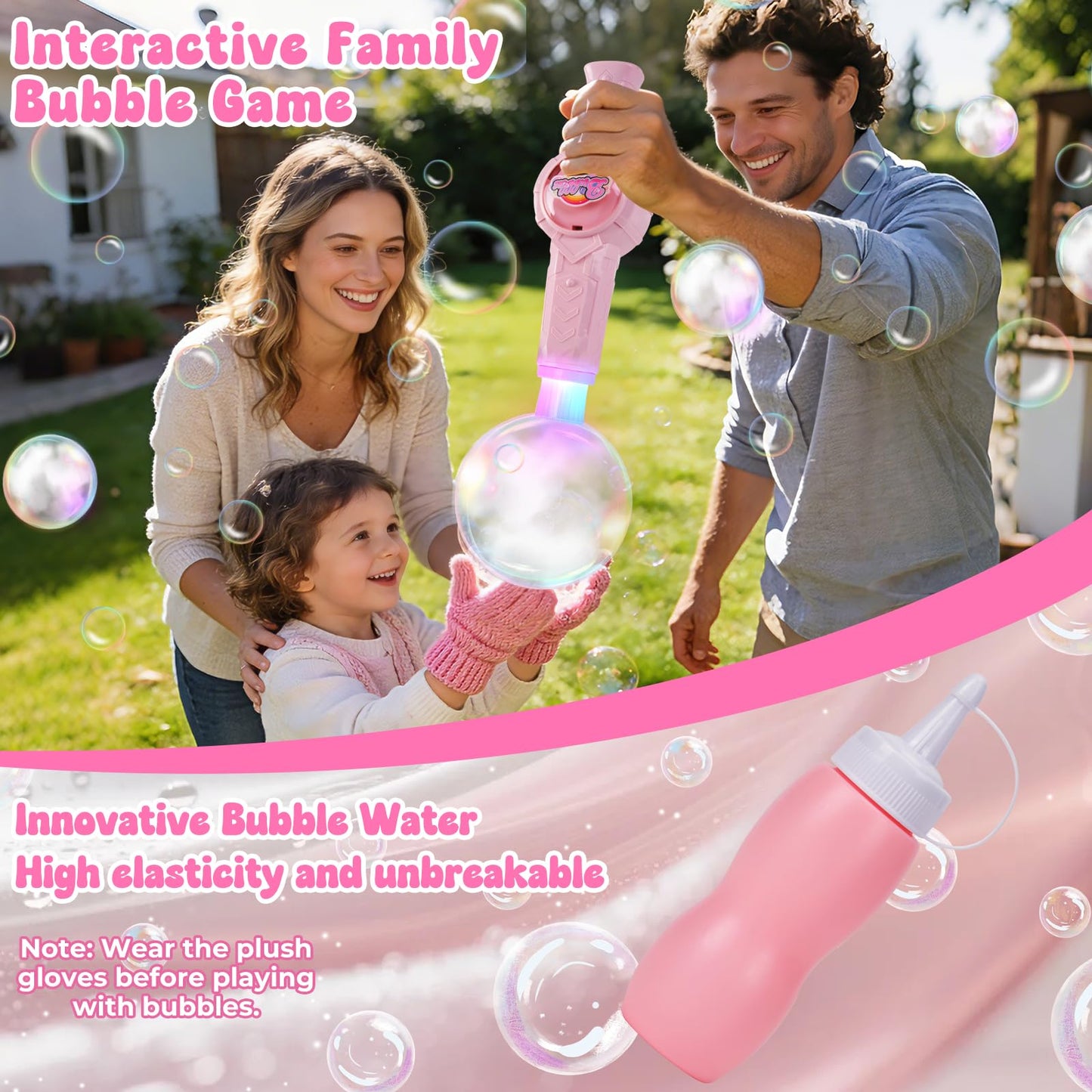 Smoke Bubble Machine, Elastic Bubble Fog Wand, Rechargeable Fog Bubble Machine with Lights & Sound, for Parties Outdoor Interactive Fun (Pink)