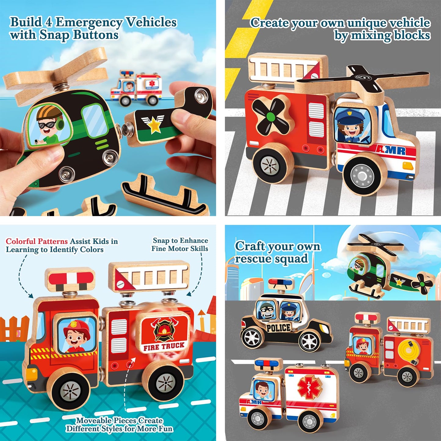 HUZU Emergency Vehicles 3D Puzzle Toy, Rescue Squad Wooden Snap Button Connection Building Blocks for Kids 3-8, Fire Truck Ambulance Police Car Helicopter Montessori Gifts for Preschool Children