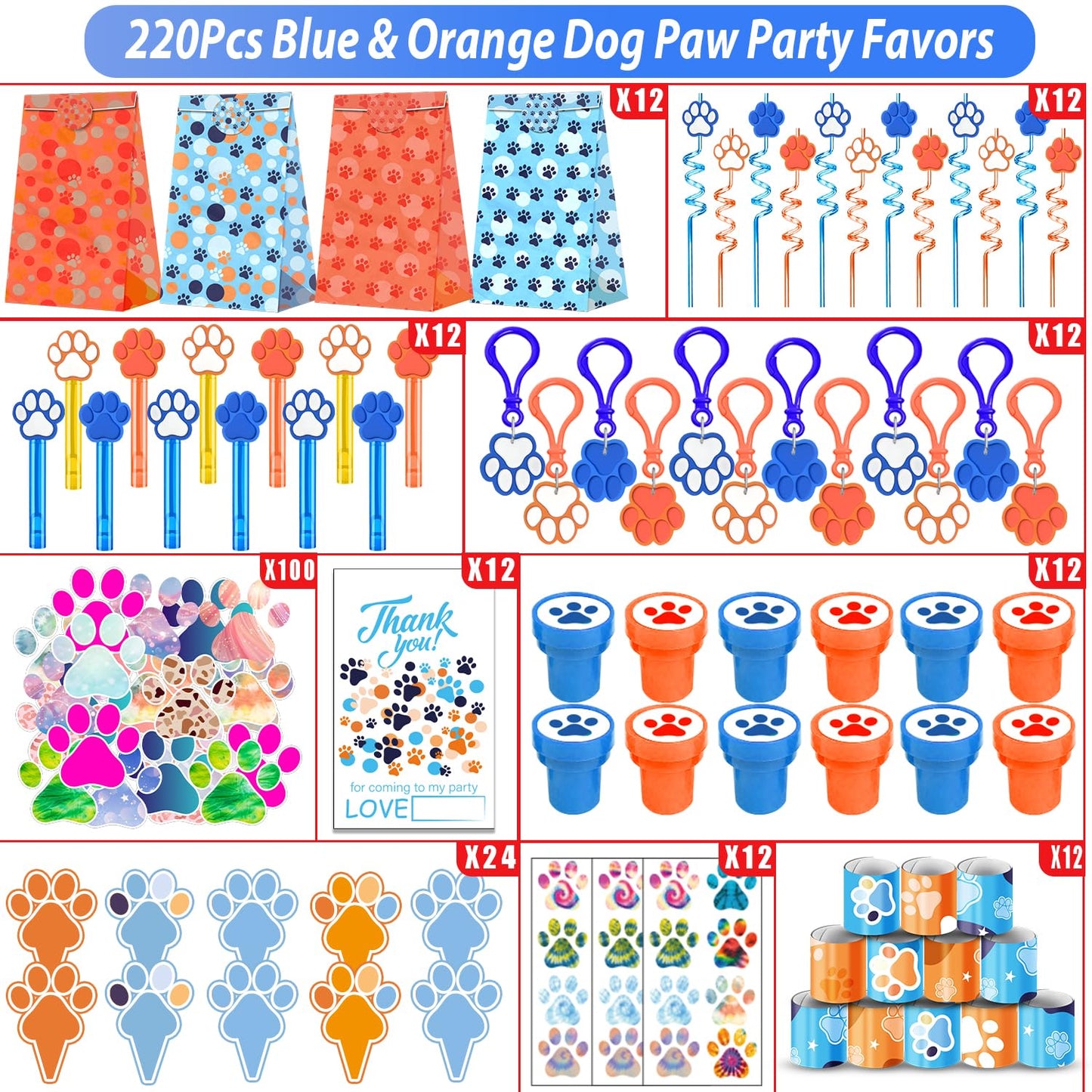 220PCS Blue and Orange Dog Paw Print Party Favors for Kids Theme Birthday Party Favors Decorations Supplies Goodie Bag Stuffer Pinata Filler Birthday Gifts