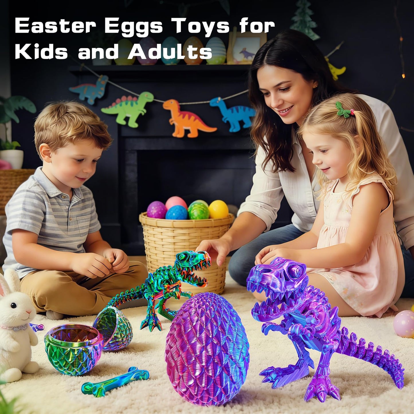 2 Packs Easter 3D Printed Dinosaur Toys for Boys 3-5 Years Skeleton T-Rex Figure with Large Storage Crystal Eggs Easter and Birthday Gifts Fidget Toys for 3 4 5 6 7 8 9 10 11 12 Years Old Boys Girls