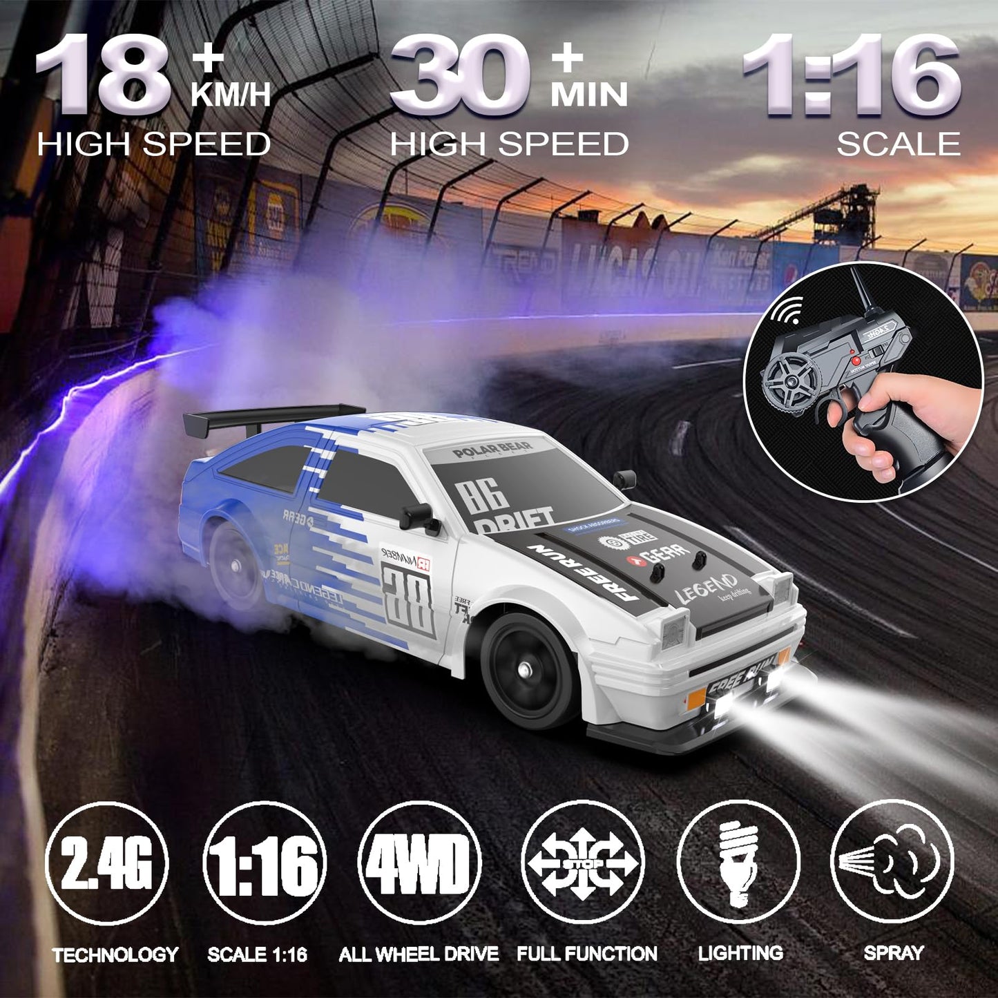 Desdoni RC Drift Car Remote Control Car 2.4ghz 1/16 Scale 4WD High Speed RC Cars Vehicle with LED Lights Two Batteries and Drifting Tire Racing Sport Toy for Adults Boys Girls Kids Gift