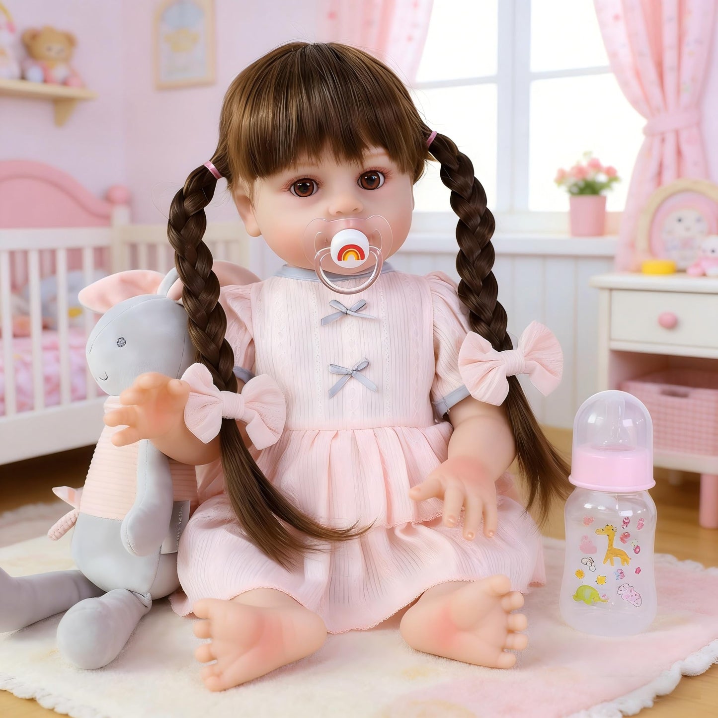 SCOM 18 Inch Reborn Baby Doll Girl with Long Hair, Lifelike Vinyl Baby Doll with Realistic Facial Details & Weighted Body, with Accessories, for Kids 3+, New Parents Training & Elderly Companion Play