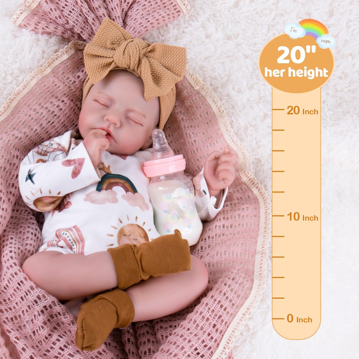 Aori Lifelike Reborn Baby Dolls Real Life Realistic Baby Dolls 20 '' Sleeping Newborn Baby Girl with Rainbow Doll Clothes for Girls 3+