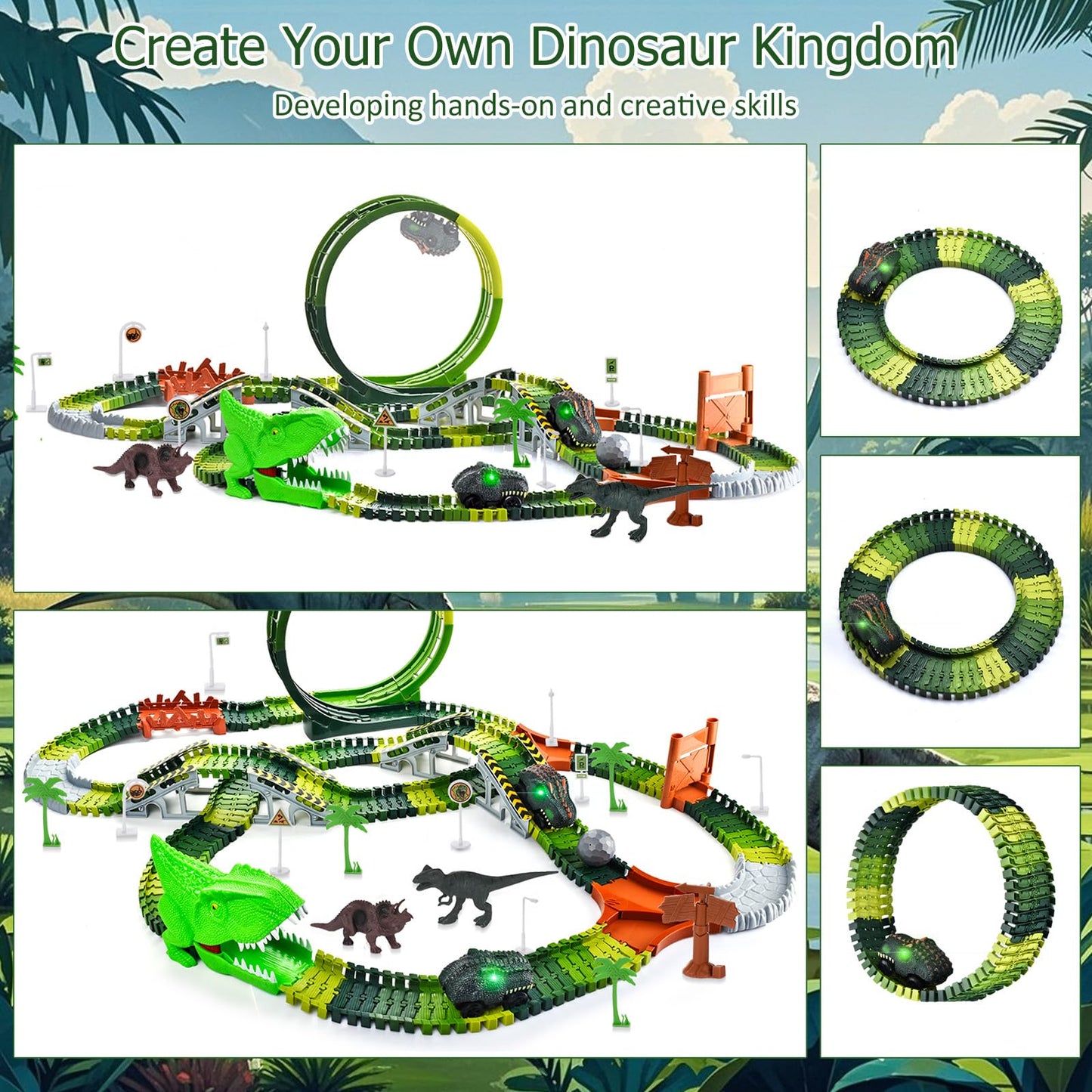 Dinosaur Toys for Kids 3-5, 286 Pcs Create A Dinosaur Toys Race Car for Toddlers, Flexible Track Playset with 2 Dinosaur Cars, Dinosaur Party Favors for 3 4 5 6 Year Old Boys Birthday Gift