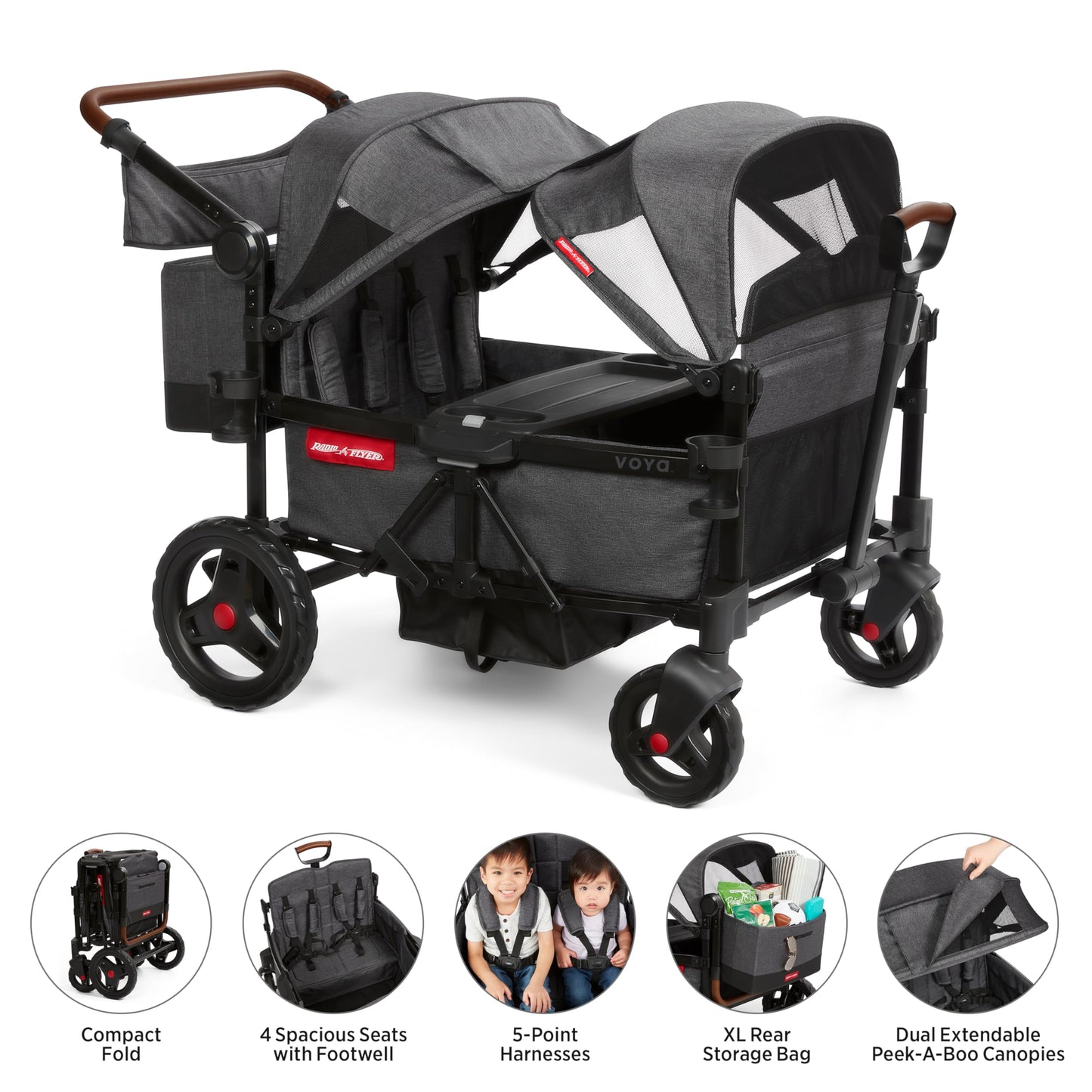 Radio Flyer Voya Quad Stroller Wagon, for Toddlers and Kids 6+ Months, Push or Pull, 4 Seats, Dual Sun Canopies, Compact Fold, Lightweight, Storage Space, 5-Point Harnesses, Stroller Wagon for Kids