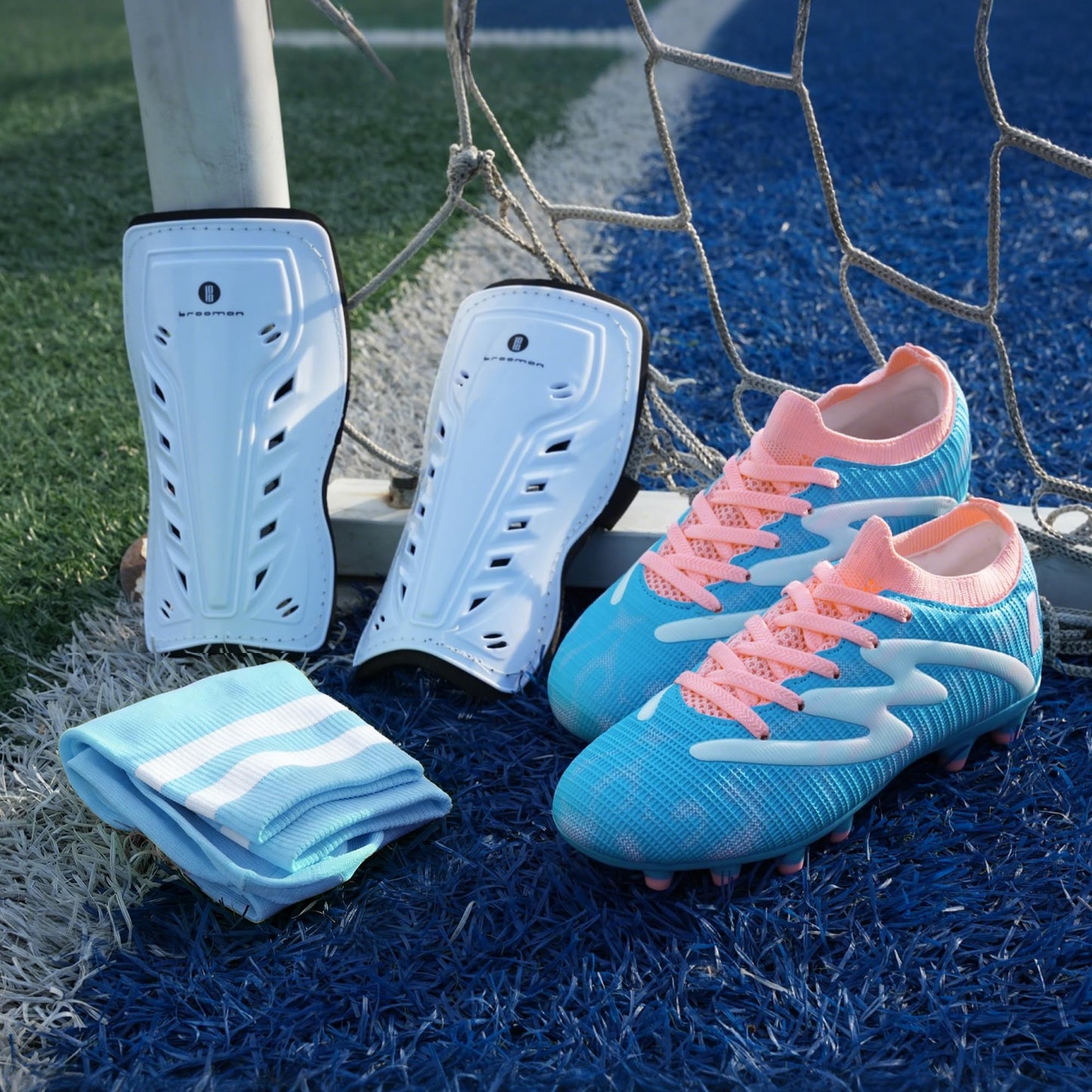brooman Kids Firm Ground Soccer Cleats Boys Girls Football Shoes with Shin Guards and Soccer Socks (5,Blue Pink)