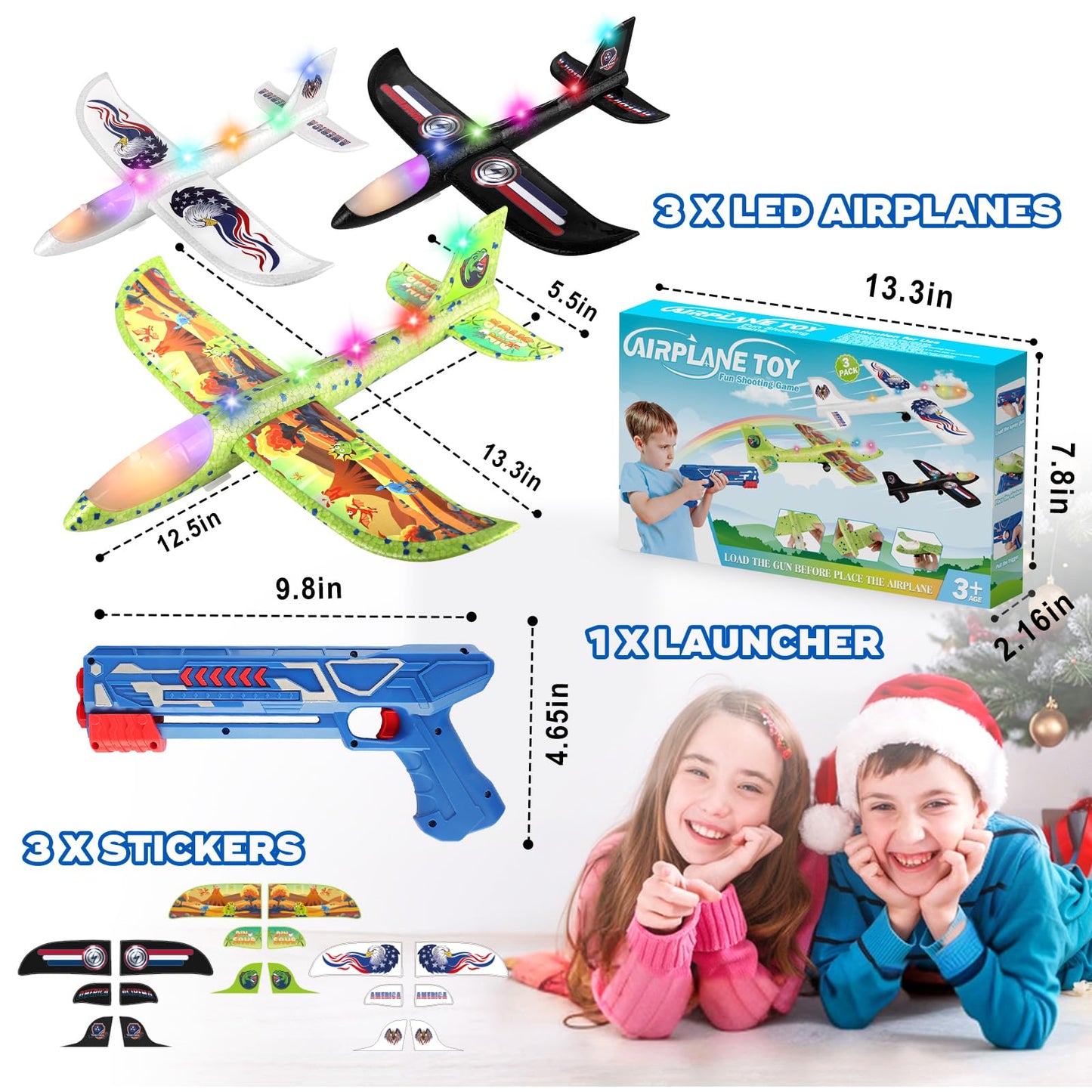 Onysurui 3 Pack Airplane Launcher Toy, 12.6" Foam 2 Flight Mode Led Plane Catapult Boy Toys with 3 DIY Stickers, Outdoor Flying Toys for Kids Gifts for 4 5 6 7 8 9 10 12 Year Old Boys Girls