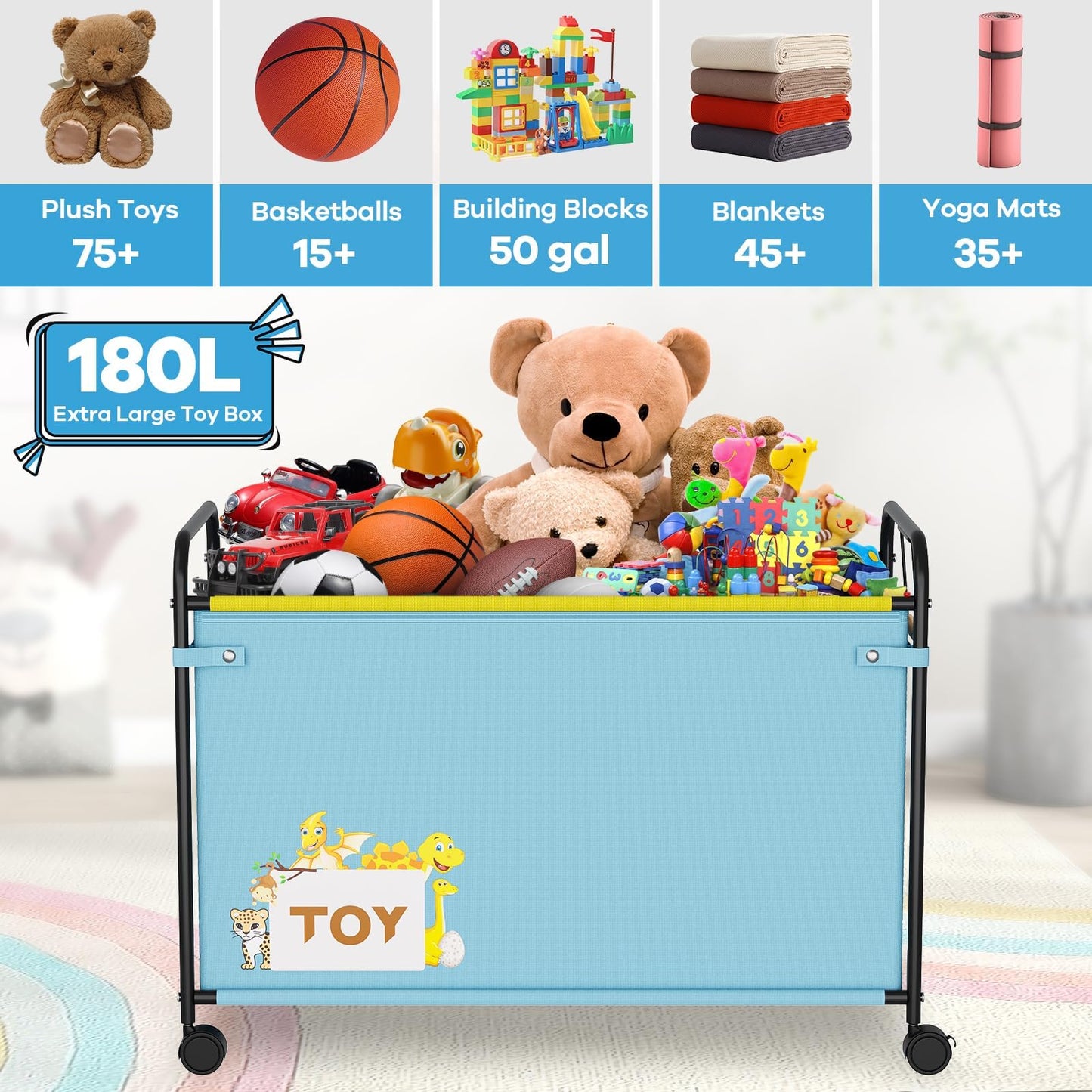 AIJIAMEIER 180L Kids Extra Large Toy Box with Wheels for Boys Girls, 31.5" x 15.7" x 23.2" Big Toy Chest with Handle, Toy Storage Organizer for Living Room Area, Stuffed Animals, Clothes(Blue, 1PC)