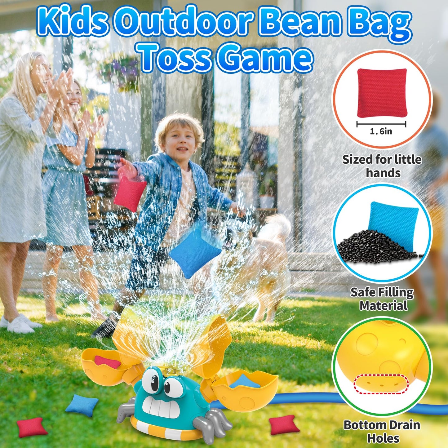 Water Sprinkler for Kids, 2-in-1 Crab Sprinkler with 3 Spray Patterns & 4 Bean Bags for Toss Game, Attaches to Garden Hose, Summer Backyard Lawn Outdoor Water Toy for Boys & Girls Ages 3–8