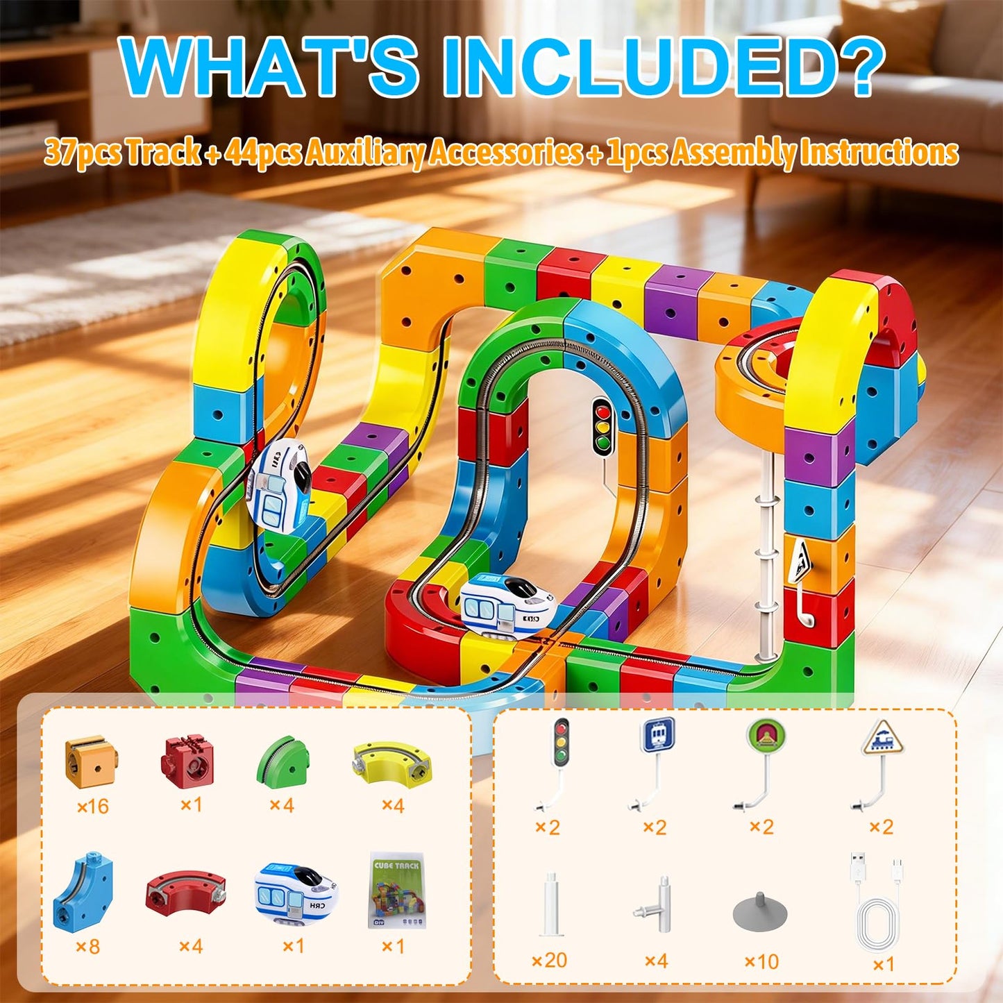 Electric Train Set for Kids, 81PCS Build 3D Racing Track Set with Electric Train, Traffic Signs, STEM Race Track Car Toy Suit for Kids, 3 4 5 6 7 8 Years Old Boys & Girls Birthday