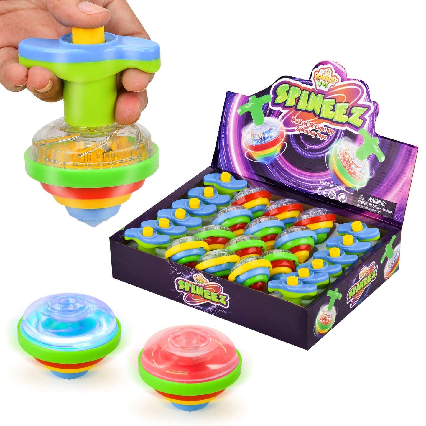 IPIDIPI TOYS Spineez Light Up Spinning Tops for Kids – 12-Pack LED Spinner Toys - Birthday Party Favors, Goodie Bag Stuffers for Kids, School Prizes for Boys & Girls – Blue