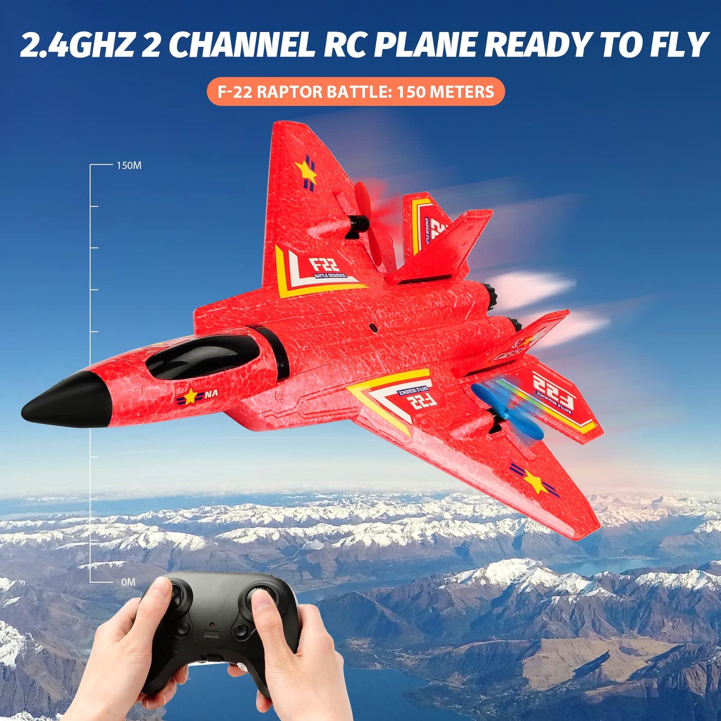 RoofWorld RC Plane, F22 RC Airplane Fighter Ready to Fly, 2.4Ghz 2 Channel Remote Control Plane, RC Airplanes Toy for Boys Girls Kids Beginners