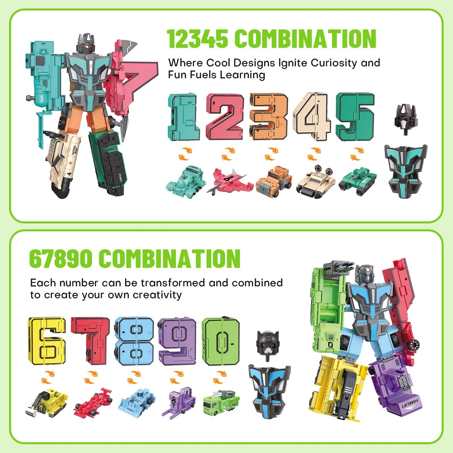 LESSETI Transforming Toys for Kids - Transformable Number Robots, Number Blocks for Learning & Play, Buildable Robot Set for Toddlers Ages 3-8, STEM Educational Toys for Boys & Girls Gifts