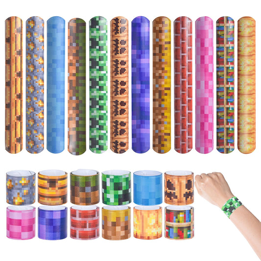 Lottmopi 24 Pcs Pixel Party Favor - Pixel Slap bracelets, Birthday Decorations Party Supplies, Exchanging Gifts Classroom Prizes, Game Theme Decorations (12 Styles)