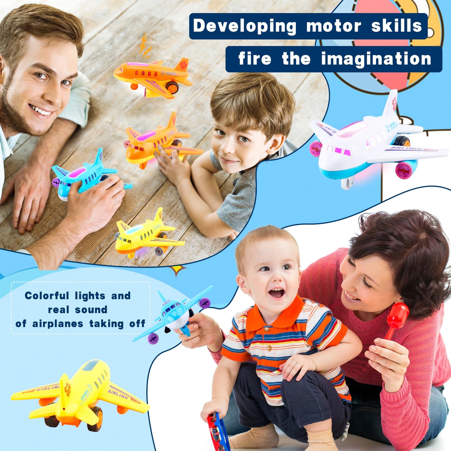 Drayear 4 Pack Light Up Airplane Toys Friction Powered Push Airplane Toy with Lights and Sounds for Kids Birthday Christmas Children's Day Gift Early Educational Toys