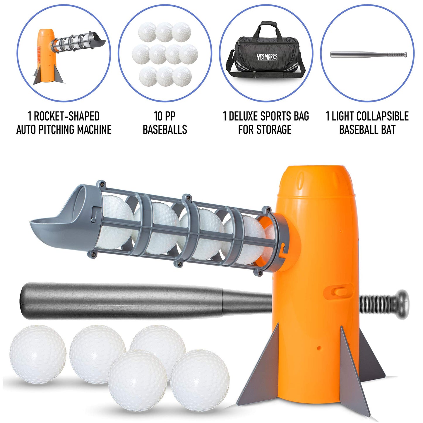 YESMARKS Kids Auto Baseball Pitching Machine Outdoor Toy Set - Training Equipment & Batting Practice Toys for Youth, Includes 10 Baseballs, Baseball Bat and Sports Bag