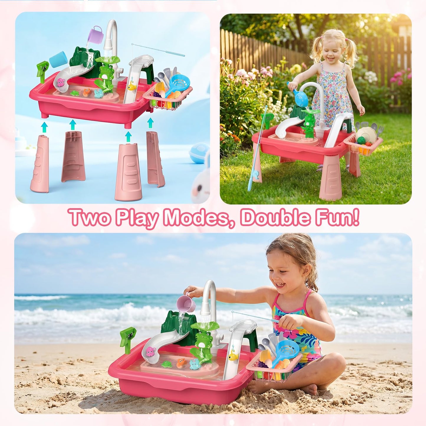 Hechify 2026 Upgraded Toddler Water Table, 4-in-1 Play Sink with Real Running Water & Pump, Kitchen Sink with Fishing Game, Outdoor Sensory Toys for Kids Toddler Baby Ages 1-3 4-8 (Red)