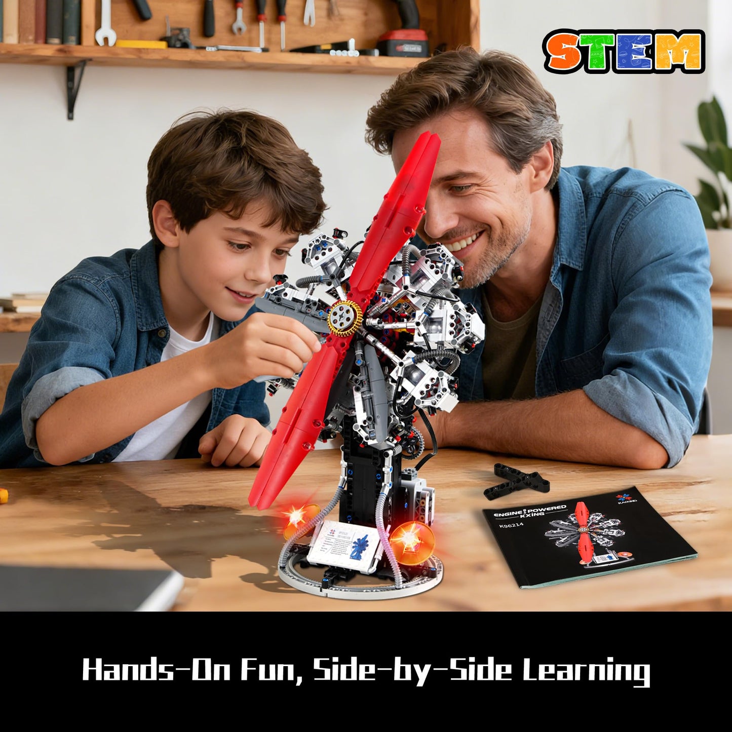 SQVIAFUN 9-Cylinder Radial Aircraft Engine Building Sets (1100 PCS), Classic WW2 Airplane Engine Model that Runs with Motor, Educational Toys Gift for Kids & Adults