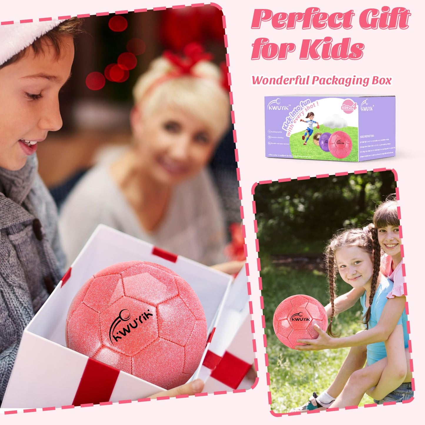 OKWUYiK Size 3 Glitter Pink Soccer Ball Set with Pump Youth Soccer Ball for Kids Aged 4-6 6-8 8-12 Toddler Soft Training Practice for Teens Children Adults Boys Girls