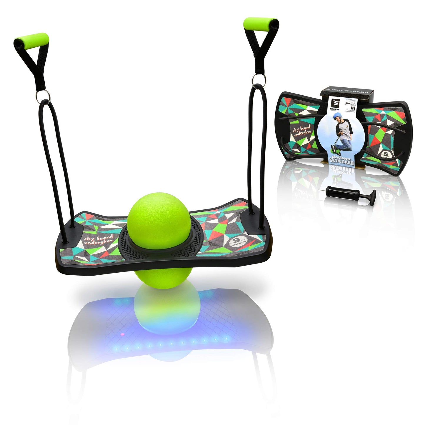 slackers LED Sky Board - Fun Pogo Jumper Board with Motion Activated LED Lights - Built In Side Grip Handles for Added Tricks and Fun - Great at Building Balance and Agility while Playing