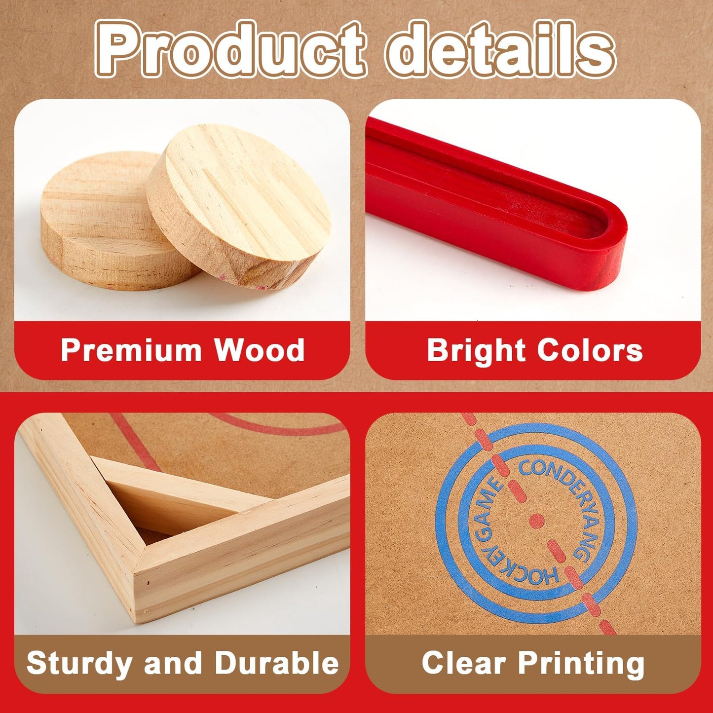 Conderyang Wooden Tabletop Hockey Game Includes 1 Wooden Game Board 2 Hockey Sticks and 2 Pucks Indoor and Outdoor Sports Board Games for Kids Children Adults Family