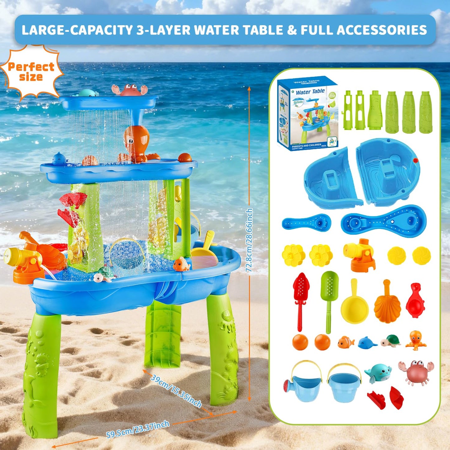 YAZ&OUZ Water Table for Toddlers 1-3, 3-Tier Kids Water Table, Water Tables for Toddlers 3-5 Features Swimming Dolphins & Crabs, Rain Showers Splash Pond, Activity Sensory Play Table for Girls Boys