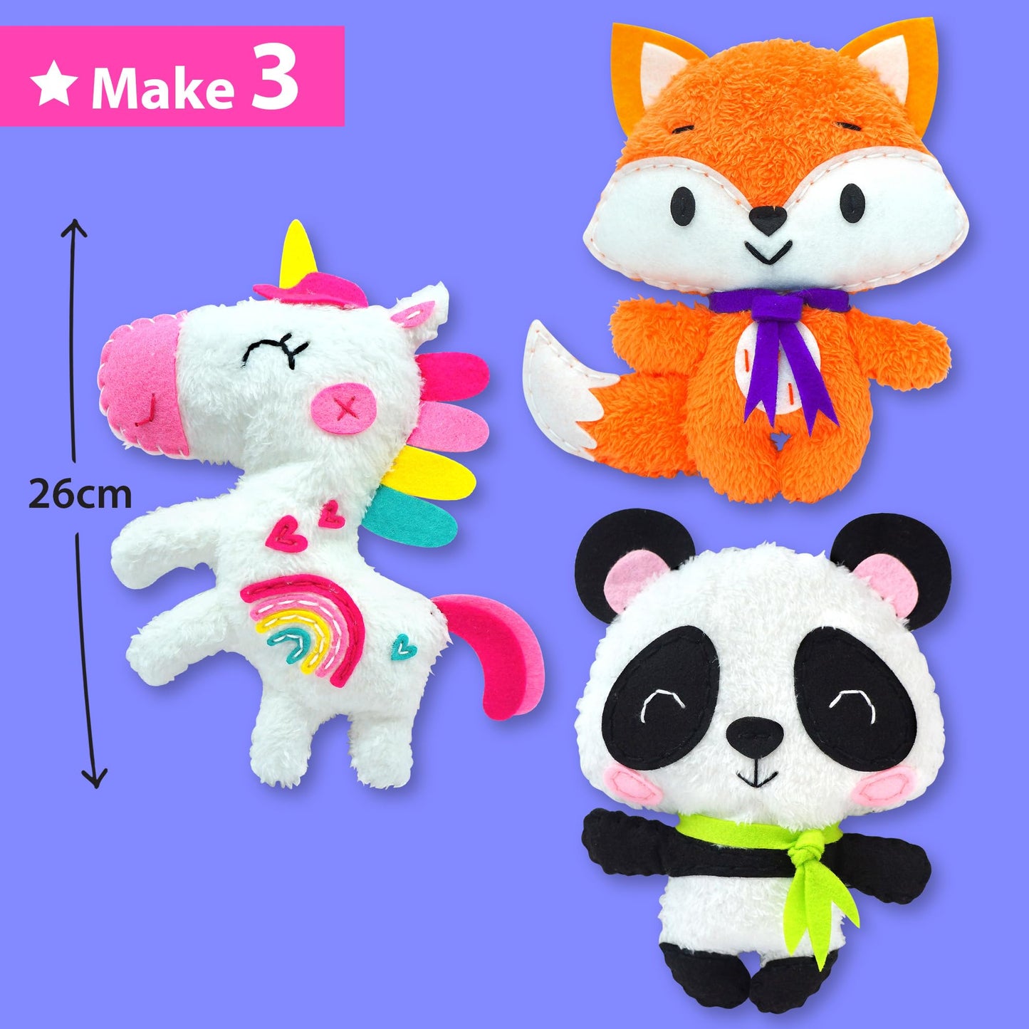 KRAFUN Unicorn Beginner Animal Sewing Kit for Kids Age 7-13 My First Art & Craft, Includes 3 Stuffed Animal Dolls Panda, Fox, Instructions & Plush Felt Materials for Learn to Sew, Embroidery