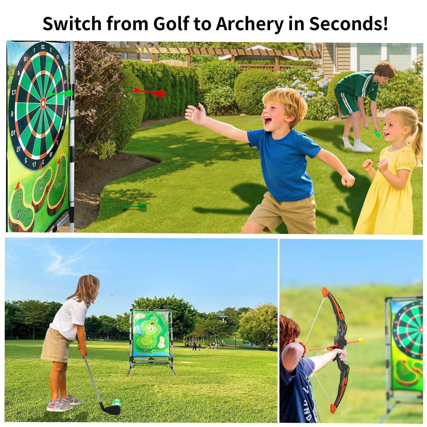 grnpeak Golf Chipping Game with Stand, Multi-Sport Golf Practice Set with Archery,Hatchet,Darts,Double-Sided Hitting Mat for Backyard Fun, Indoor/Outdoor Sports Toy for Kids & Adults
