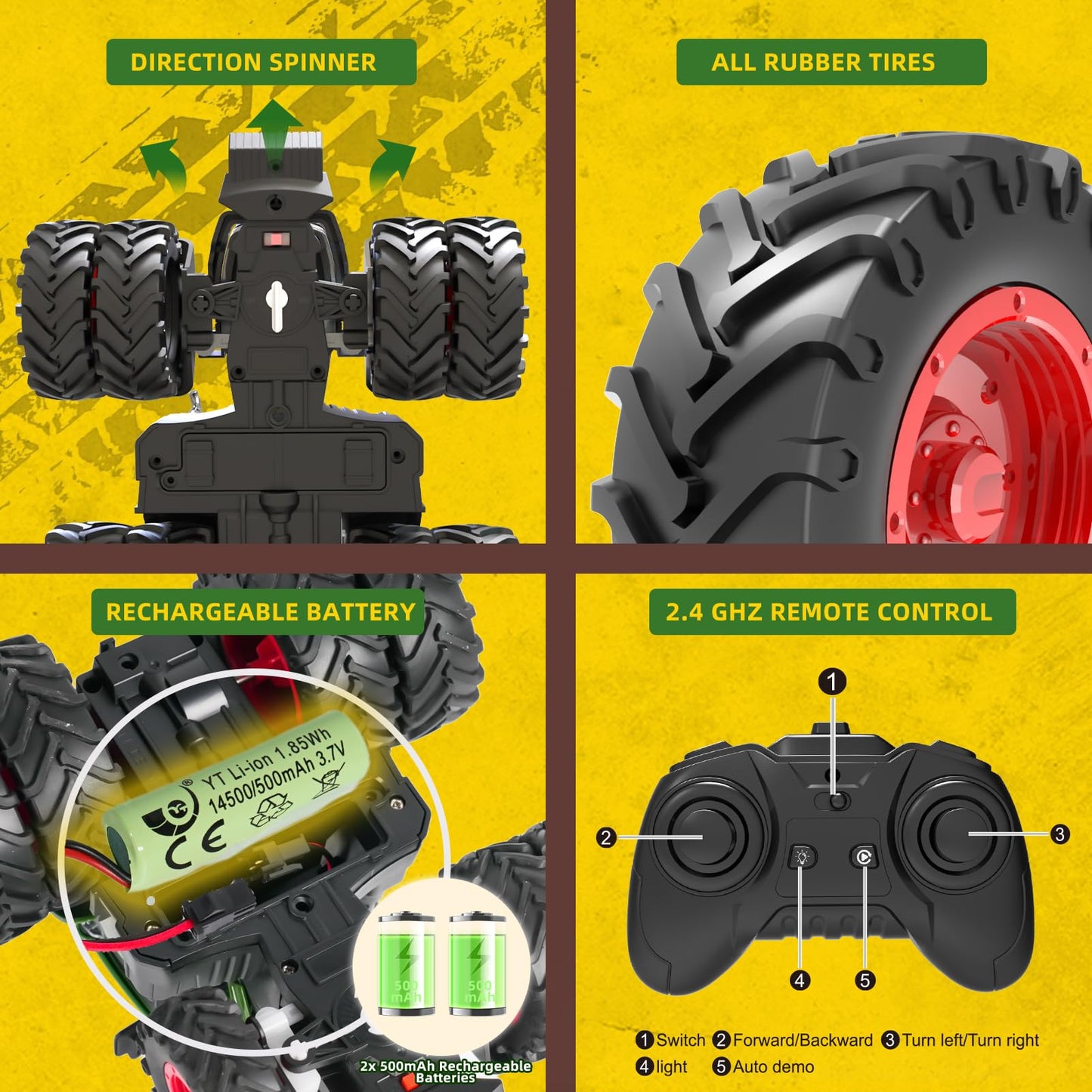 YKTrevok Remote Control Tractor Toy with Trailer | 2-in-1 8-to-4 Wheel Convertible Front Loader Tractor, Openable Doors & Hood with Lights, Farm Animals & Hay Bales, Gift for Kids Ages 3-9
