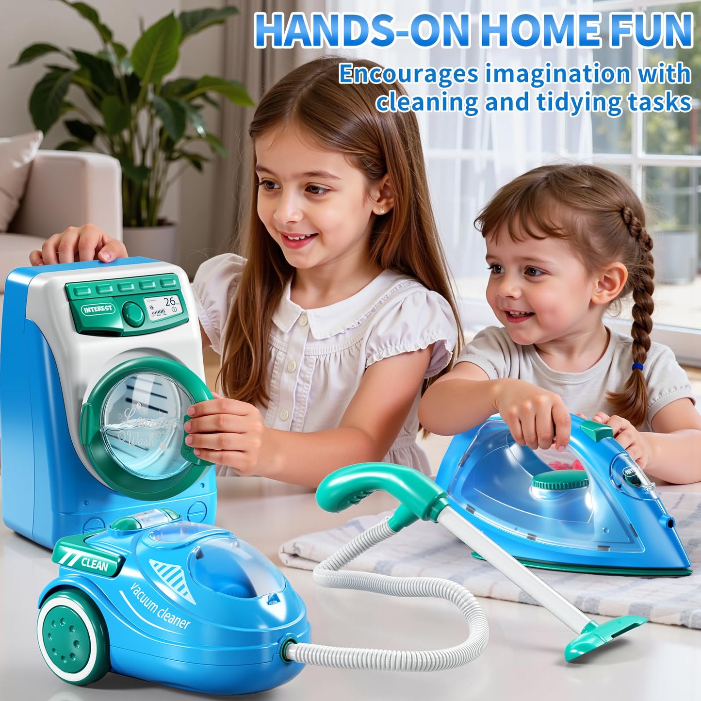 KIZONLY Toy Cleaning Set for Toddlers 1-3, Kids Cleaning Toy with Toddler Vacuum Cleaner, Toy Washing Machine, Small Iron, Light and Sound, Pretend Play Birthday Gifts for 3 4 5 6 7 8 Year Old Girl