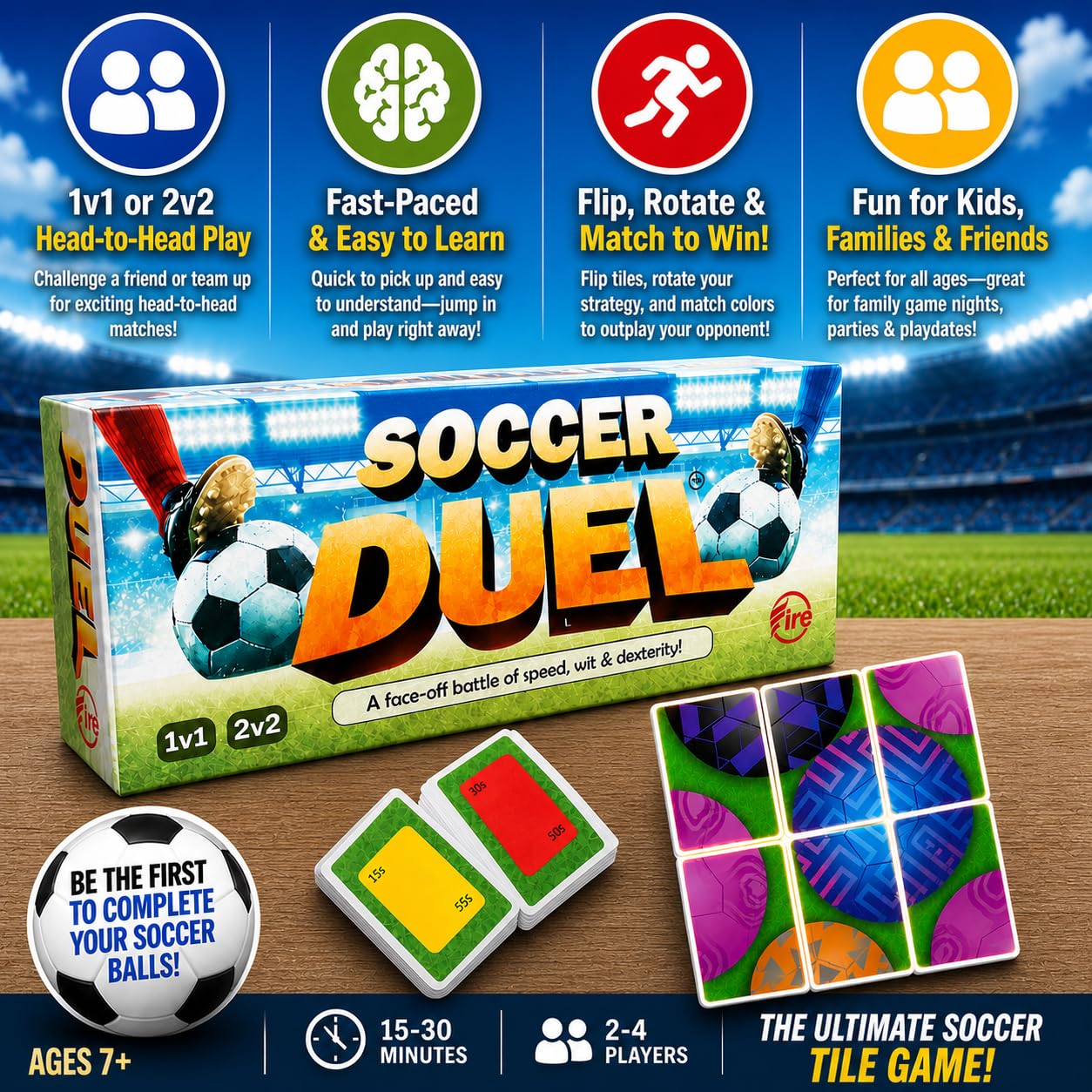 Soccer Duel Tile Game – Fast-Paced Real-Time 1v1 Soccer Strategy Game | Head-to-Head Family Game for Kids, Teens & Adults | Screen-Free Travel Game