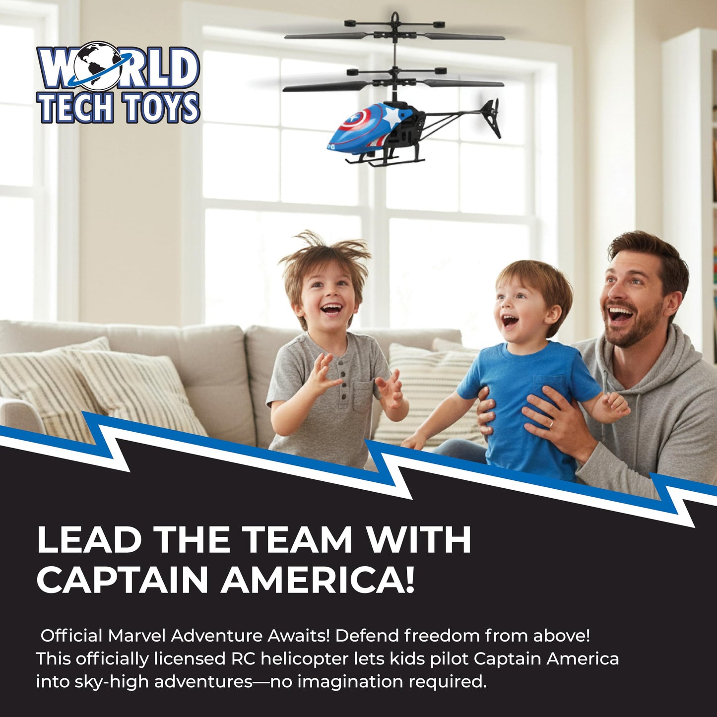World Tech Toys Marvel Captain America RC Helicopter – Easy‑Fly Remote Control Helicopter with LED Lights, Durable Body, Coaxial & Rear Rotors – Kids 8+