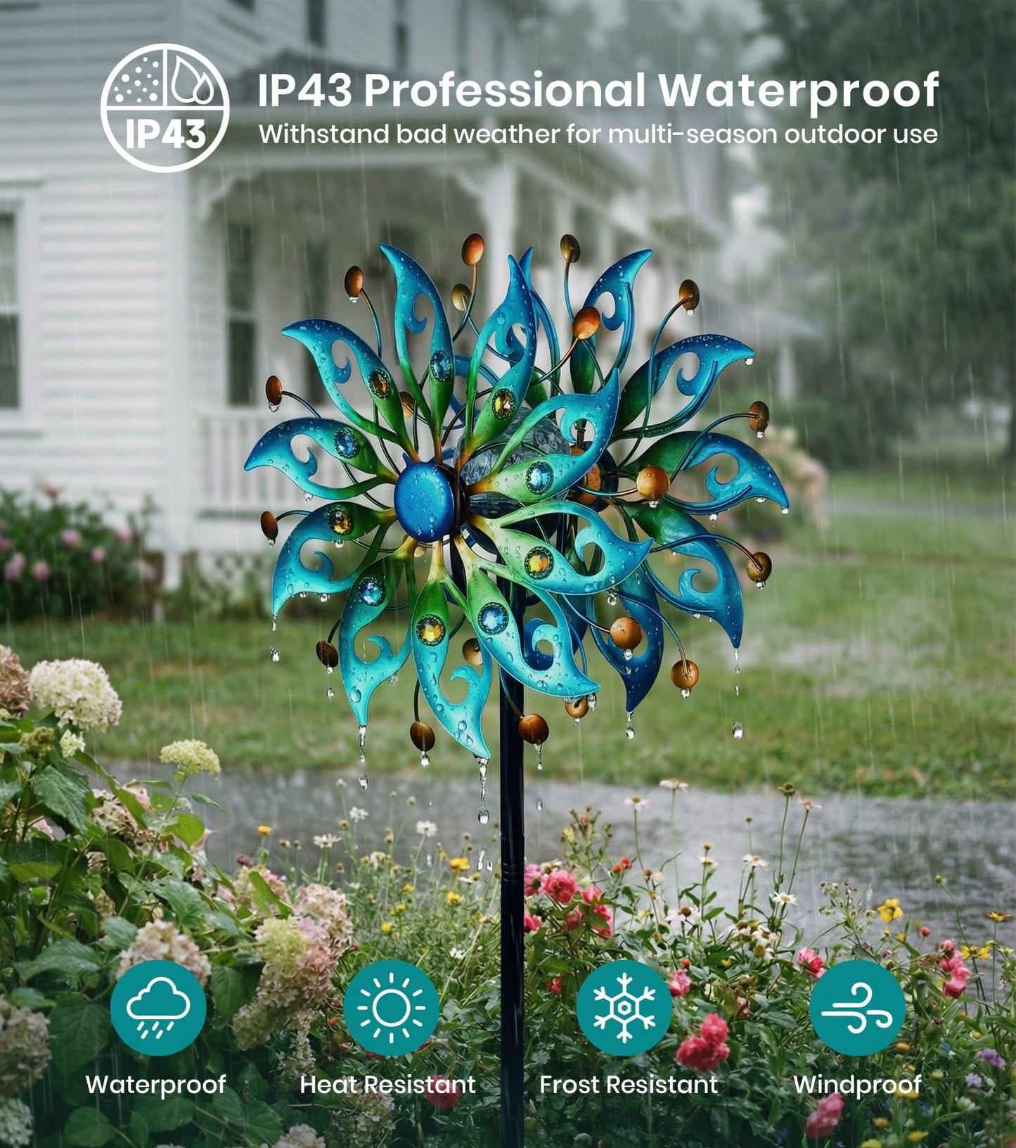 VUFOZ Solar Wind Spinners Outdoor – H63xW13 Metal Kinetic Garden Spinner with Crackle Glass Ball & Built-in Solar Panel – Peacock-Style Yard Wind Sculpture with LED Light