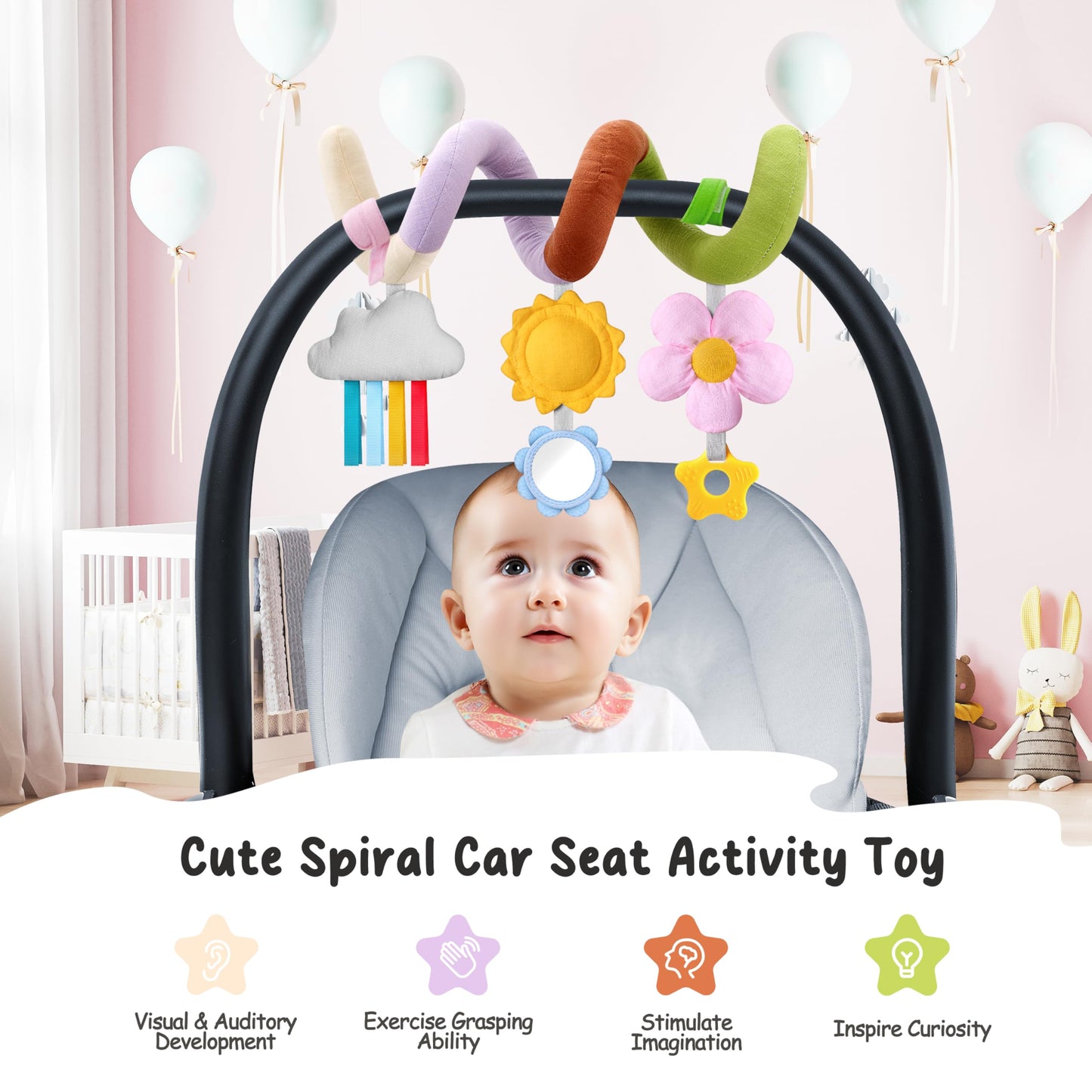 Stuffed Spiral Baby Car Seat Toys, Best Newborn Shower Gifts, Soft Infant Essentials Must Have Stroller Hanging Toys (Vibrant Nature)