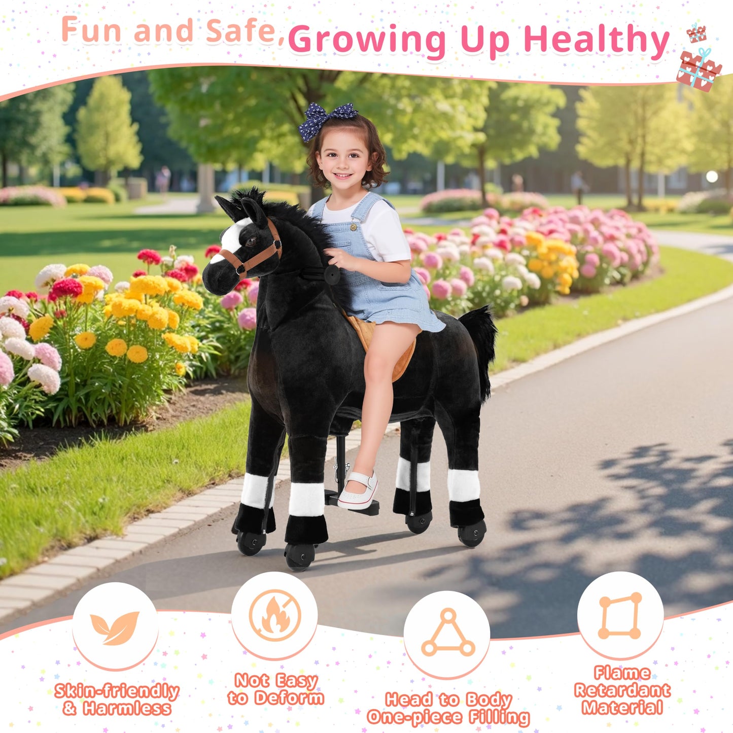 Pipleo Ride on Horse for Kids, (42.5'' Height) Horse Ride on Toy, Riding Horse Rider Mechanical Walking Action Plush Animal for 6 Years Old to Adult, No Battery or Electricity, Max Load 187 LBS - BK